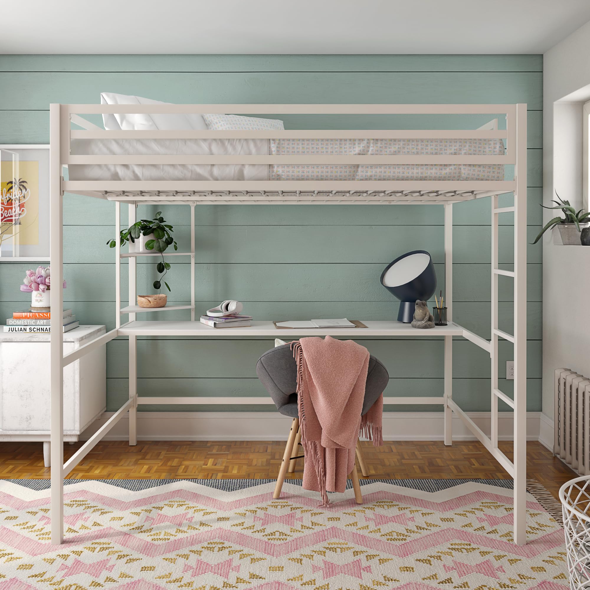 Novogratz Maxwell Metal Full Loft Bed with Desk & Shelves, Off White - Space-Saving Study & Sleep Solution for Small Rooms, Dorms & Apartments