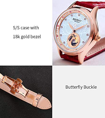 BERNY 18K Gold Women's Automatic Watch - Phoenix Series Small Dial Luxury Wristwatch (Red) | Elegant Dress Watch for Business, Party & Special Occasions