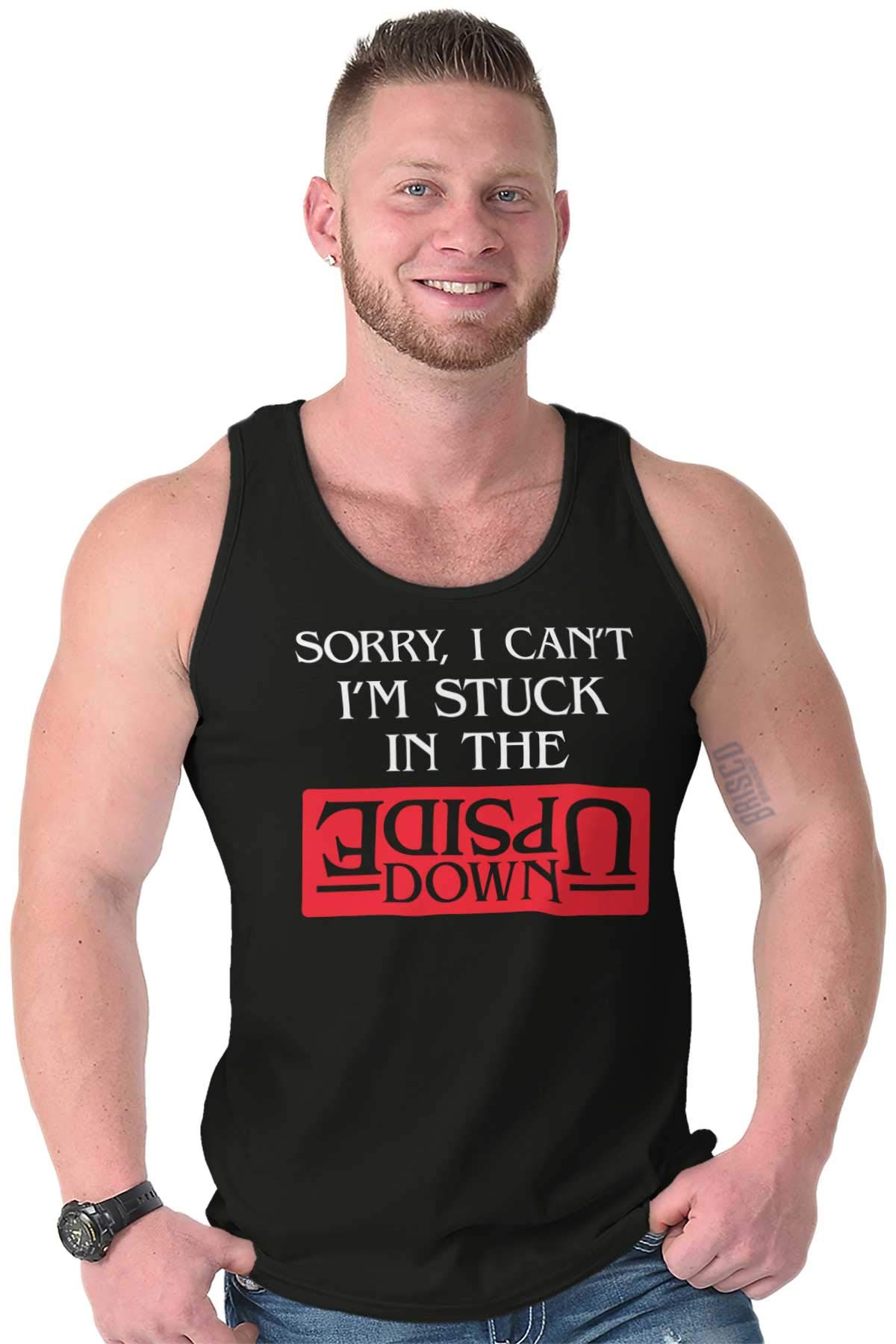 Brisco Brands Funny 'Sorry I Can't I'm Stuck Upside Down' Graphic T-Shirt for Men & Women | Trendy Humor Tee for Casual Wear, Parties & Gifts