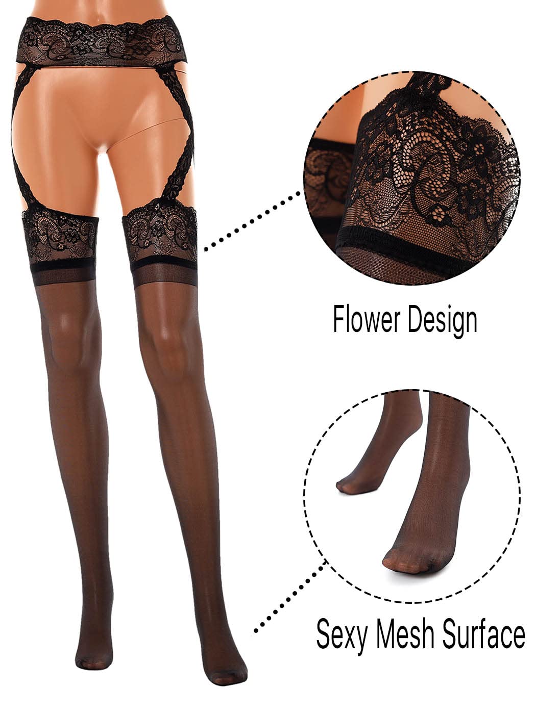 Barode Women's Fishnet Stockings - Sexy Lace Patterned Tights with Suspenders & High Waist | Black Thigh High Stockings for Cosplay, Halloween & Night Out