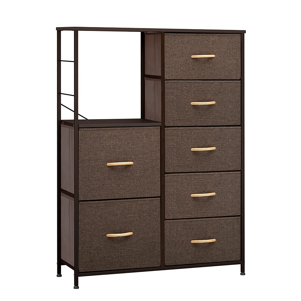 Crestlive 7-Drawer Vertical Dresser Storage Tower with Shelves & Fabric Bins - Versatile Closet Organizer & Nightstand for Bedroom, Living Room, Hallway - Space-Saving Cabinet Dresser in Brown | Perfect for Small Spaces, Apartment Storage & Home Organization