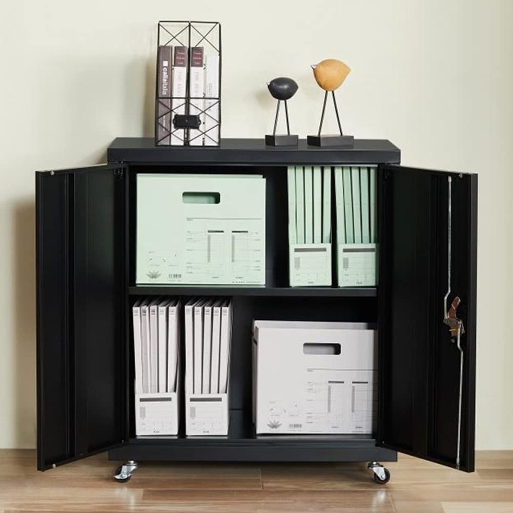 Upgraded Rophefx 2-Door Metal Storage Cabinet with Wheels - Foldable Steel Cabinet with Adjustable Shelf for Home Office, Warehouse & Garage (Black) | Perfect for Organizing Tools, Files & Supplies