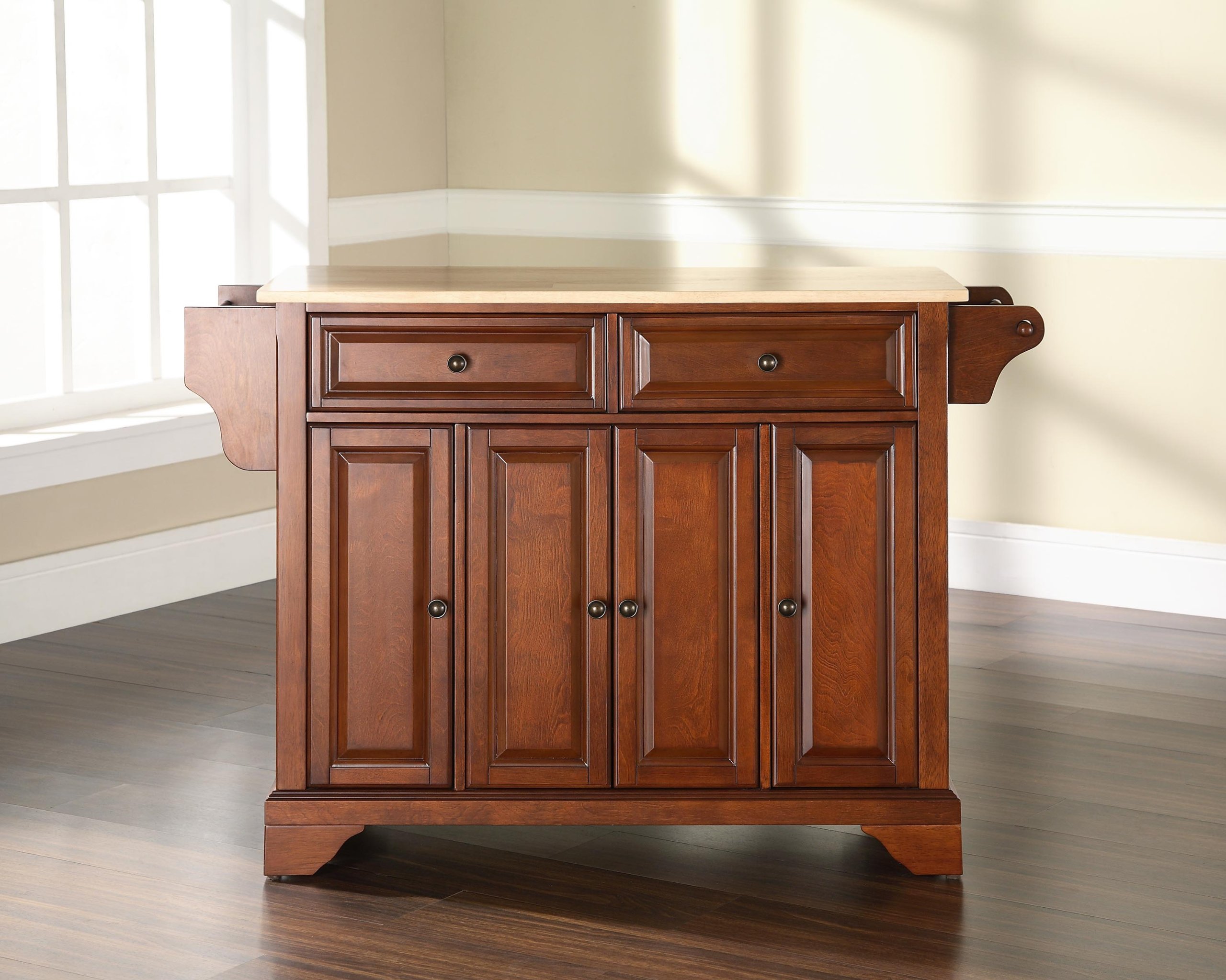 Crosley Lafayette Wood Top Rolling Kitchen Island Cart with Storage - Microwave Stand, Spice Rack, Cherry Finish | Perfect for Small Kitchens, Pantry Organization & Extra Counter Space