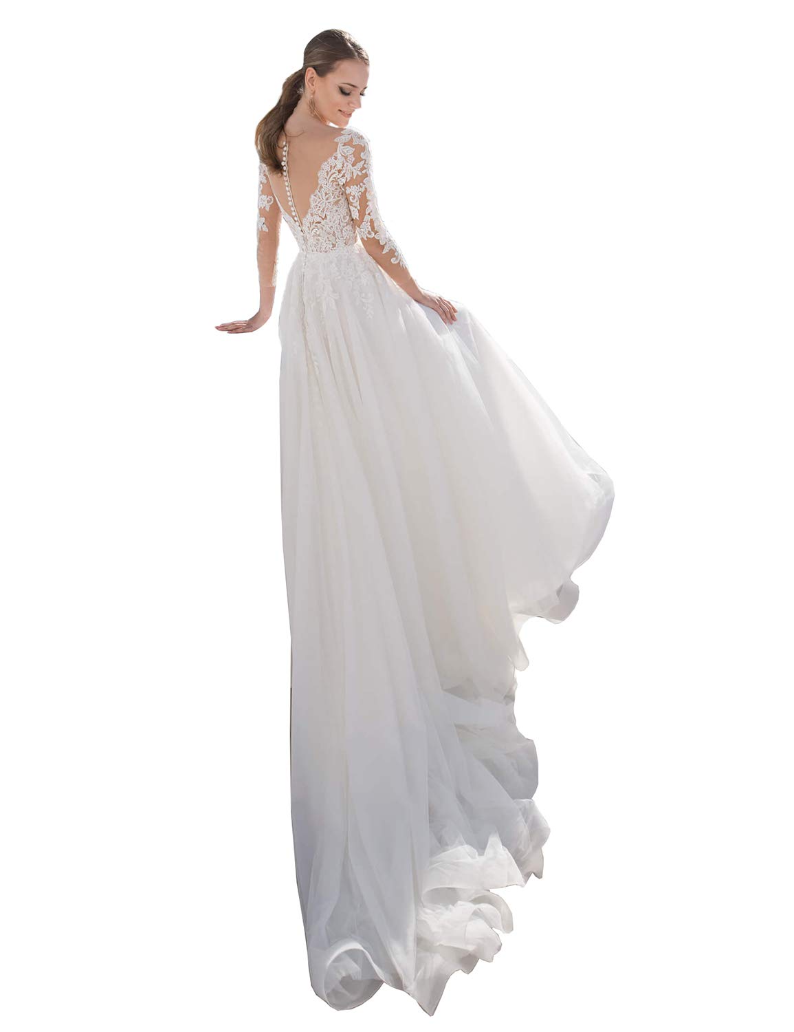 Elegant Lace Wedding Dresses with Long Sleeves - A-Line Tulle Ball Gown for Beach Brides, Plus Size 26, White | Perfect for Outdoor, Church & Destination Weddings