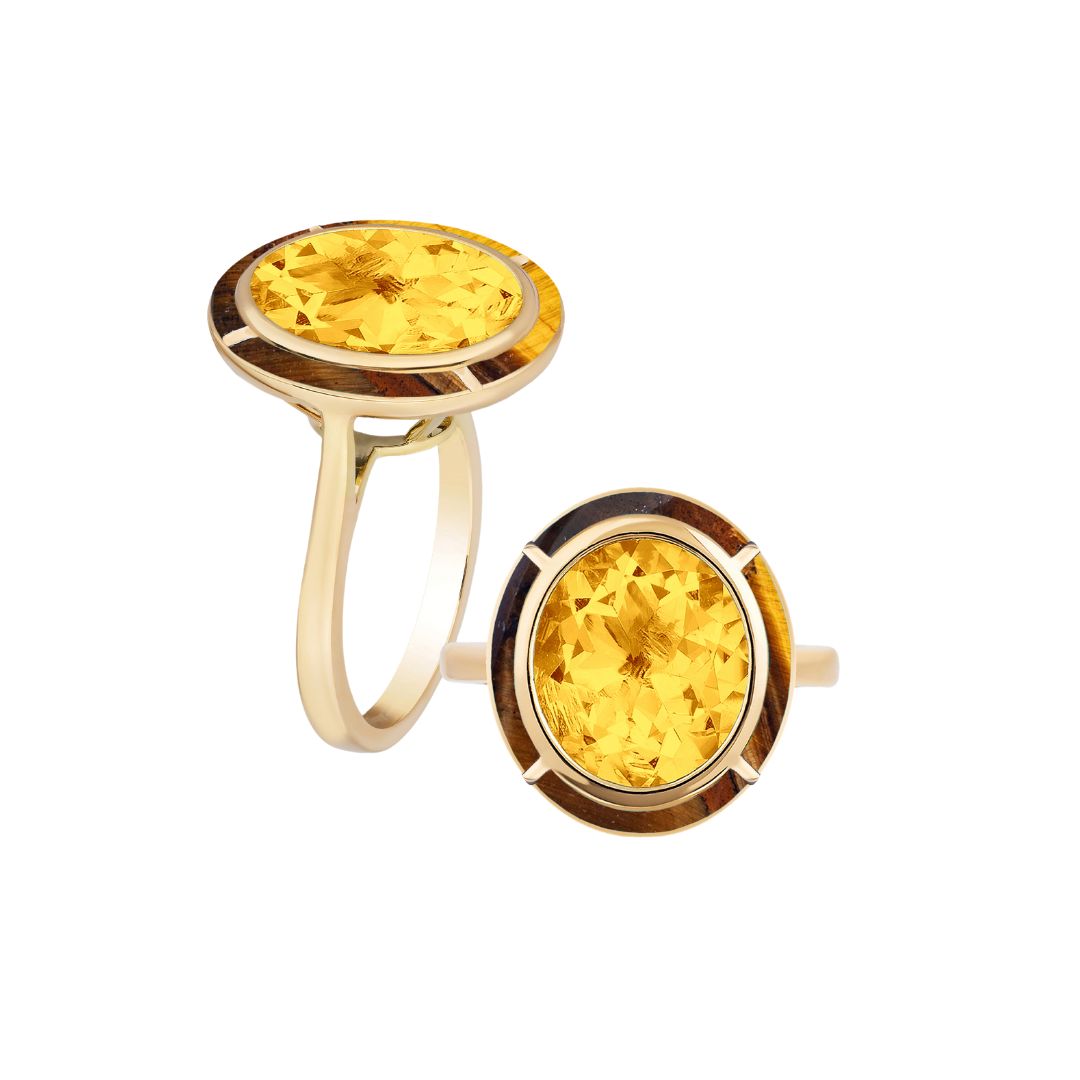Goshwara 18K Gold Ring with Oval Citrine & Tiger's Eye Inlay – Elegant Jewelry for Women, Perfect for Weddings, Parties & Special Occasions