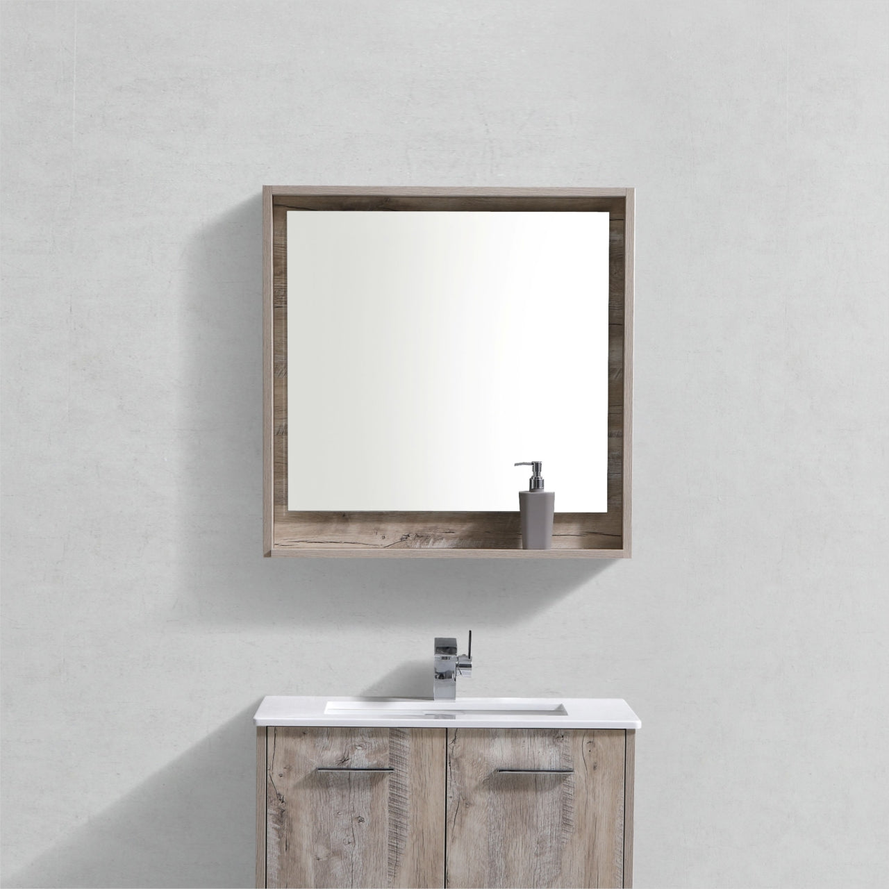 KB30 Natural Wood Wall Mirror with Wooden Frame and Bottom Shelf - Perfect for Bedroom, Living Room, and Entryway Decor
