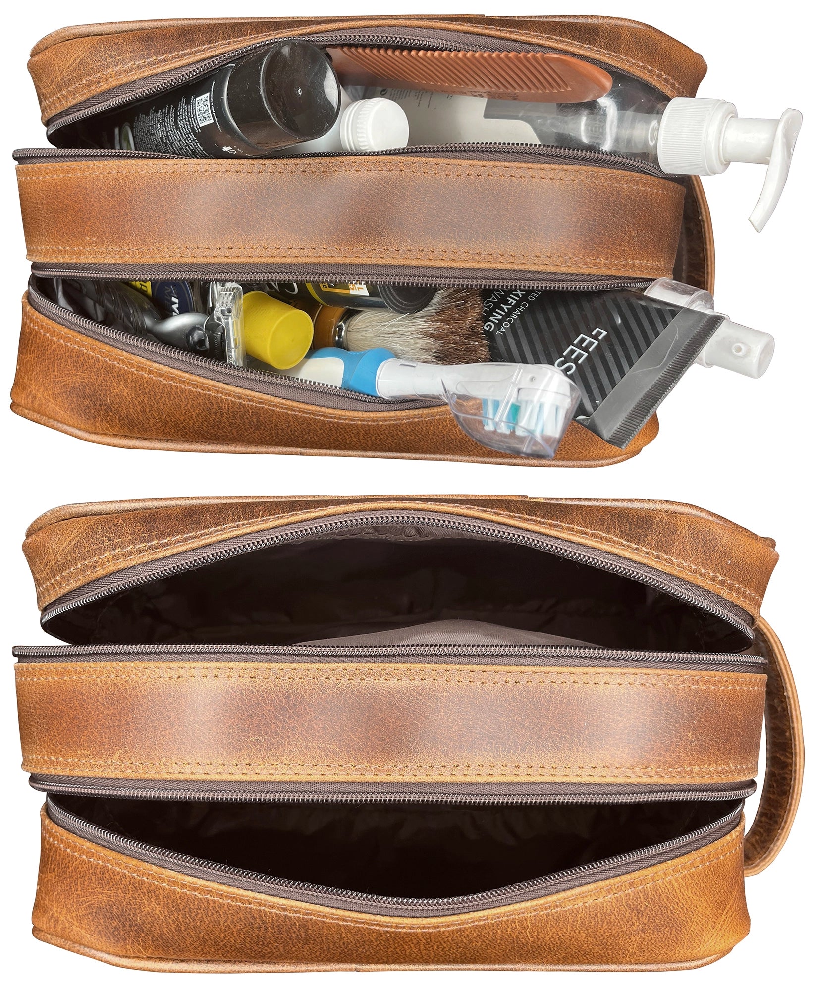 Johnny Genuine Leather Travel Toiletry Bag for Men - Waterproof Shaving Kit Organizer (Antique Brown) - Perfect for Business Trips, Gym & Weekend Getaways