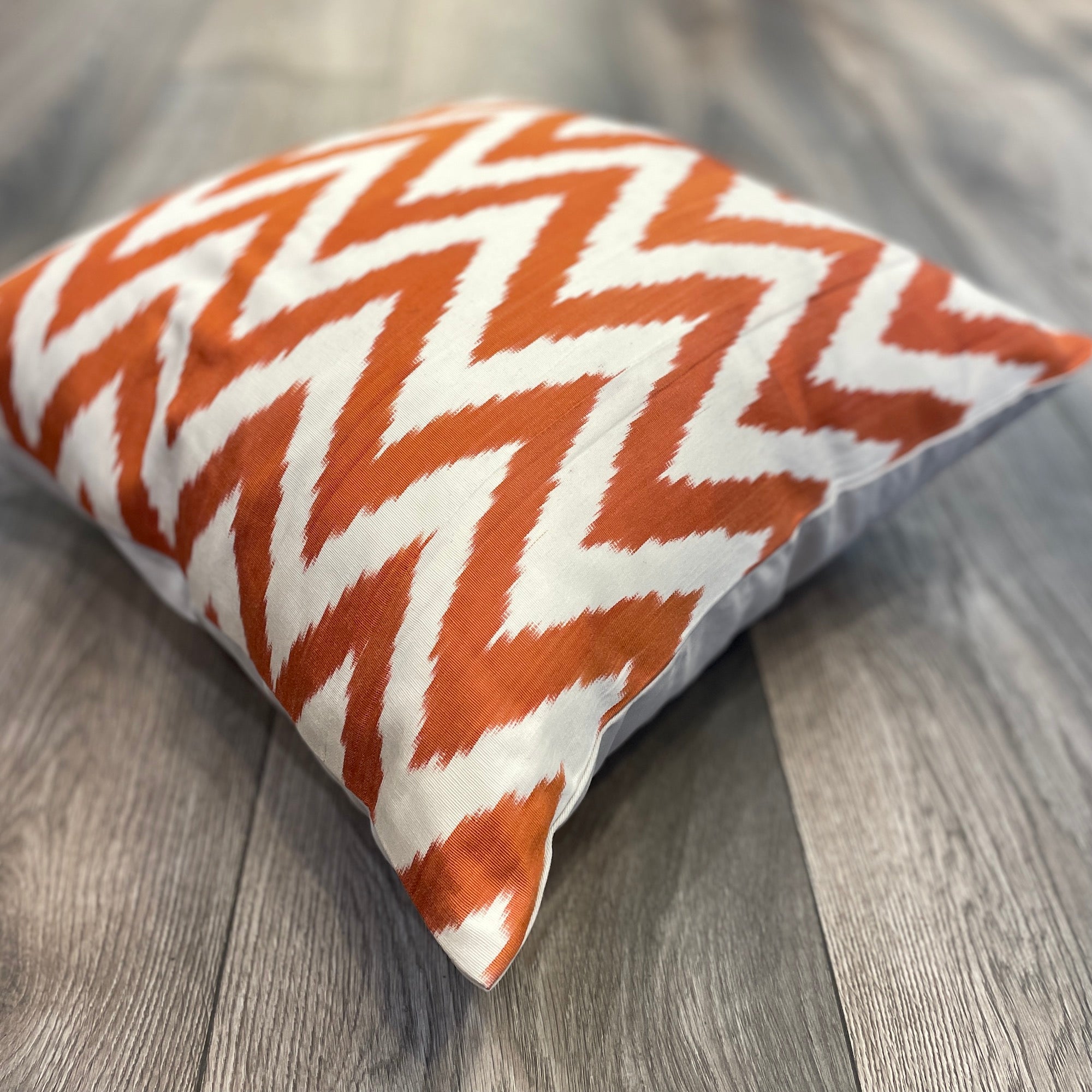Handmade Silk Ikat Cushion Cover - Vibrant Orange Bohemian Pillow Case for Sofa, Bed & Home Decor | Luxury Throw Pillow for Living Room, Bedroom & Nursery