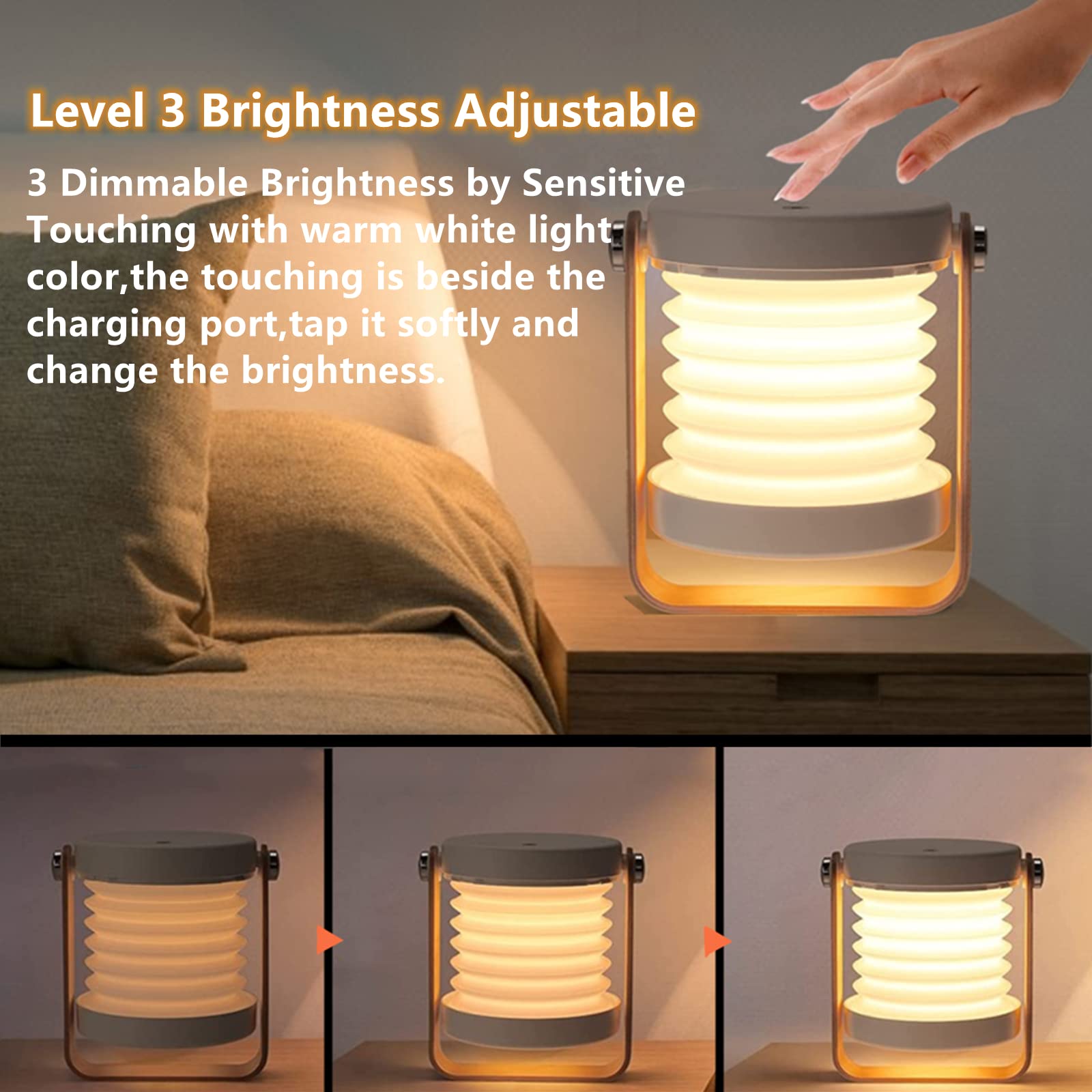 ALLOMN Folding Table Lamp - 3-Level Dimmable LED Reading Light with USB Charging, Portable Telescopic Night Light & Wooden Handle | Perfect for Bedside Reading, Camping, and Emergency Lighting