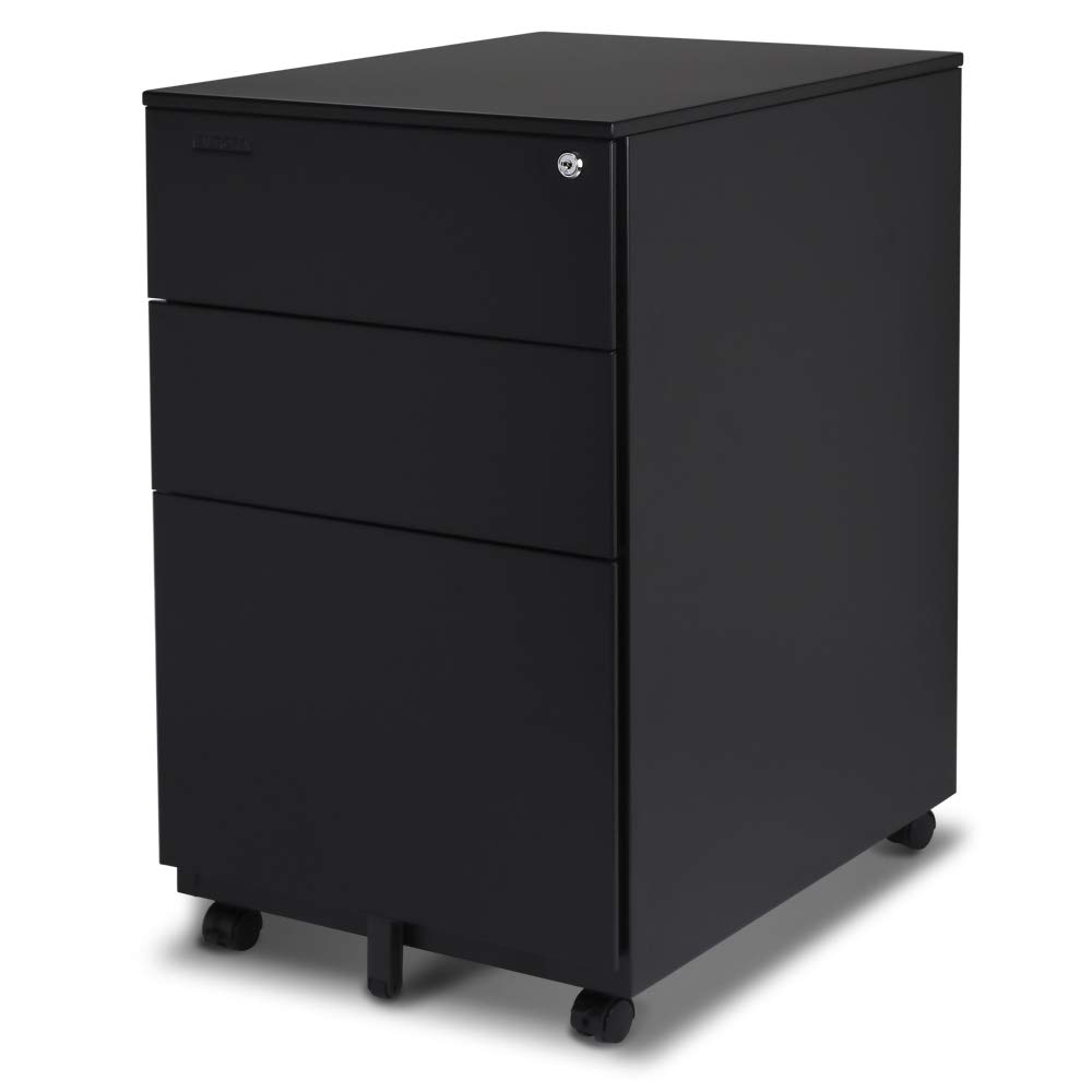 Aurora FC-103BK 3-Drawer Mobile File Cabinet with Lock - Black Metal Office Storage for Home & Business - Perfect for Documents, Files & Office Supplies Organization