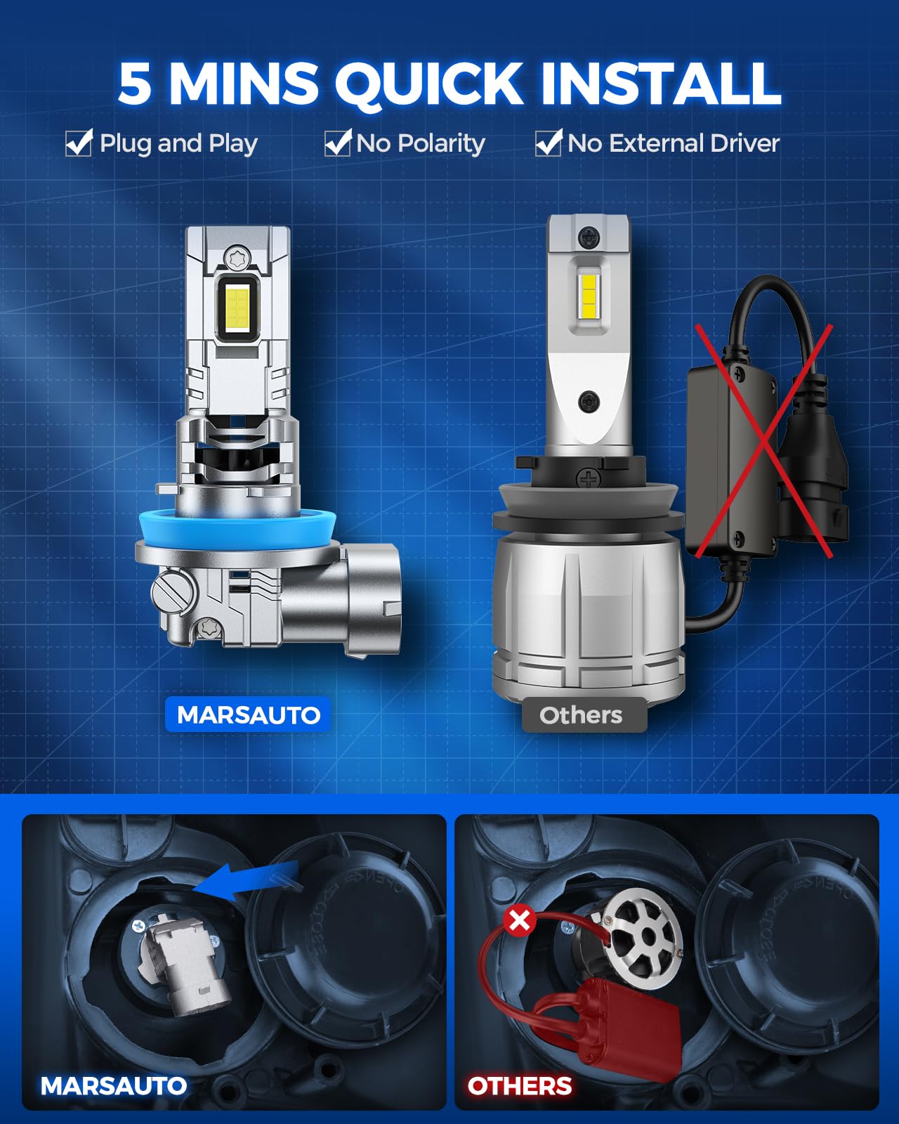 MarsAuto H11/H8/H9 9005/HB3 LED Fog Light Bulbs Combo Kit - 68,000LM Ultra Bright, 50,000 Hours Lifespan, Plug & Play Installation, No Polarity - Perfect for Off-Road, Truck, SUV, Jeep Fog Lights (Pack of 4)