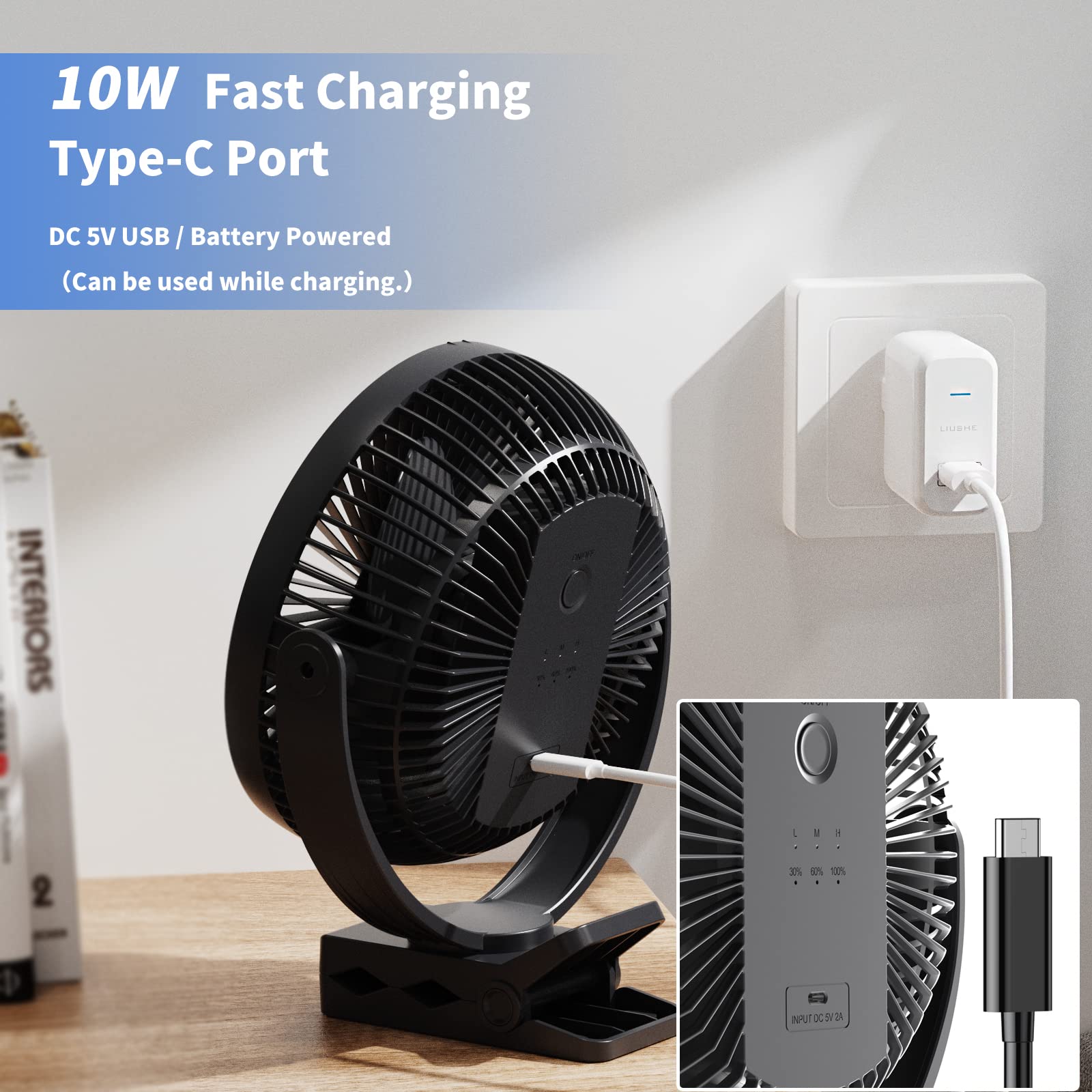 Rechargeable 8-Inch Clip on Fan with 10000mAh Battery - 4 Speed Adjustable & 360° Rotation Portable Desk Fan for Golf Cart, Office, Bedroom, Travel, Camping, Outdoor & Indoor Use (Black)
