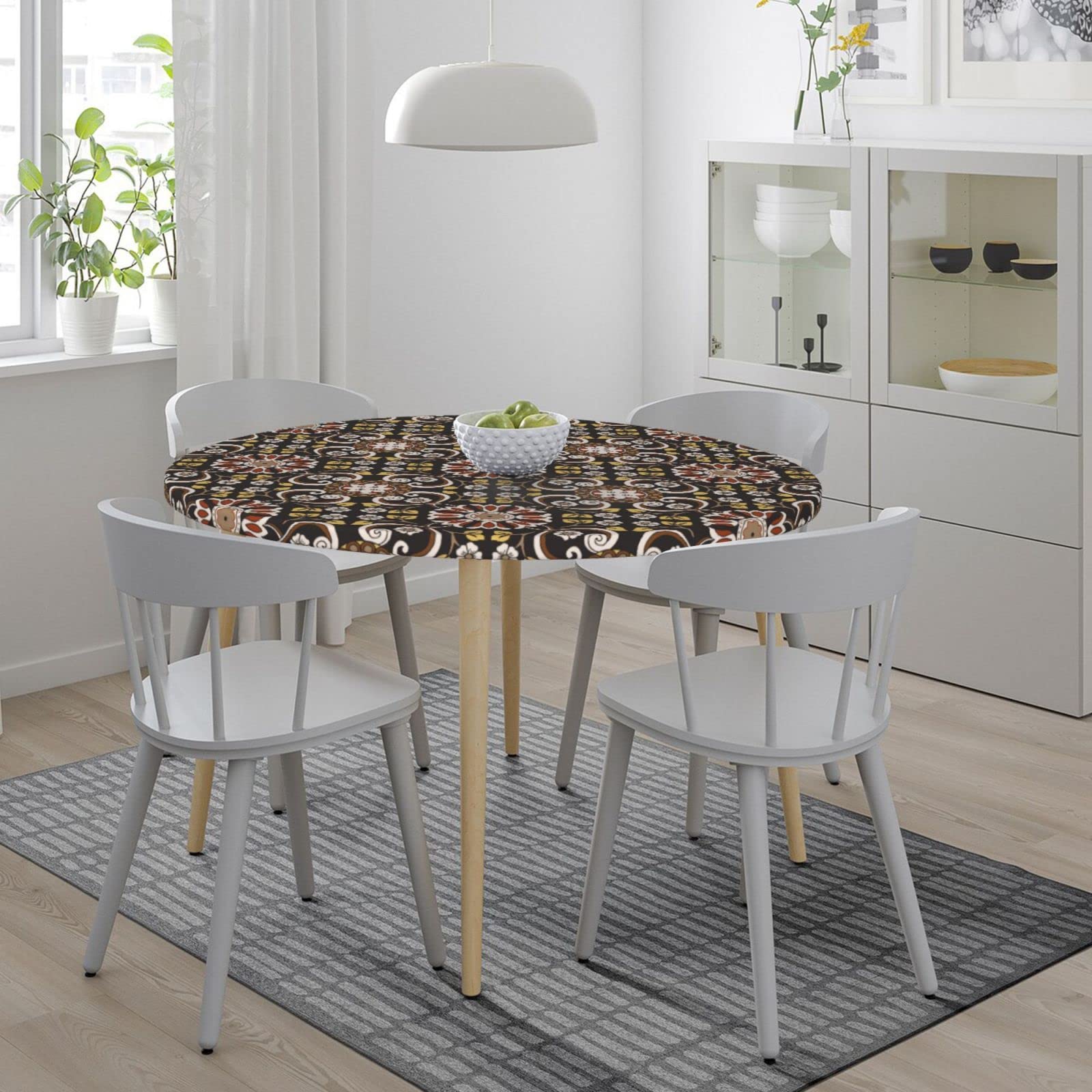 Floral Medallion Elastic Round Fitted Tablecloth - Waterproof & Wipeable Stretch Table Cover for 40