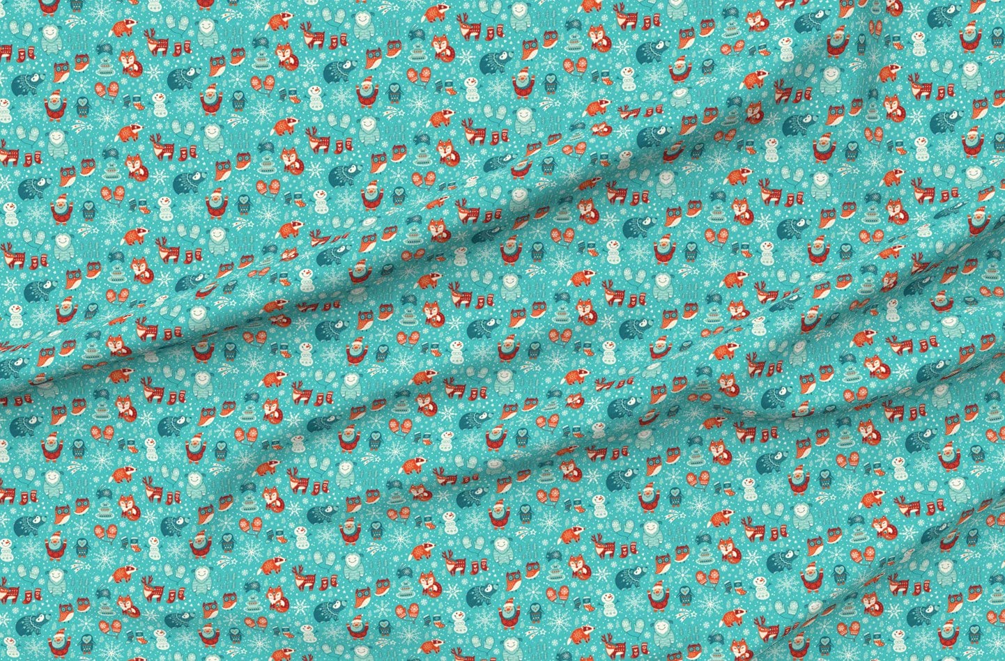 Winter Christmas Cartoon Snow Holiday Aqua Woodland Santa Foxes Printed Minky Fabric Fat Quarter - Soft Plush Fabric for Sewing Baby Blankets, Quilt Backing & DIY Crafts - Perfect for Holiday Decorations & Cozy Home Projects