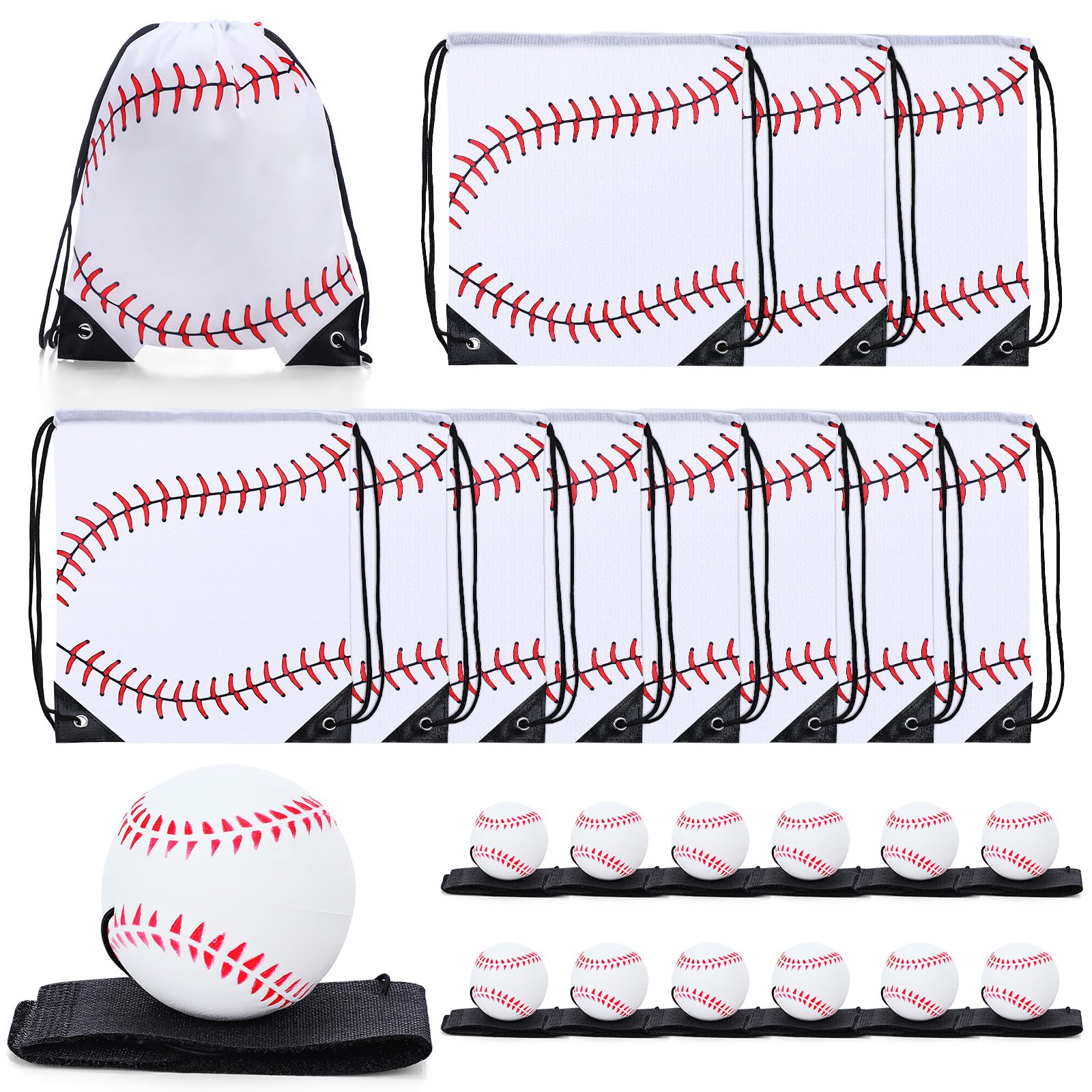 12 Pack Drawstring Backpacks with Wrist Strap - Sports Party Favors, Kids Gift Bags, Baseball Game Accessories - Perfect for Team Events, Birthday Parties & School Activities