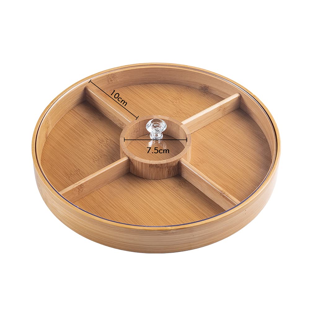 Round Bamboo Dried Fruit Storage Box with Transparent Acrylic Lid - Multi-Layer Snack Organizer, Nut & Candy Tray with Dividers - Creative Home Kitchen & Living Room Snack Platter for Parties, TV Time and Entertaining Guests