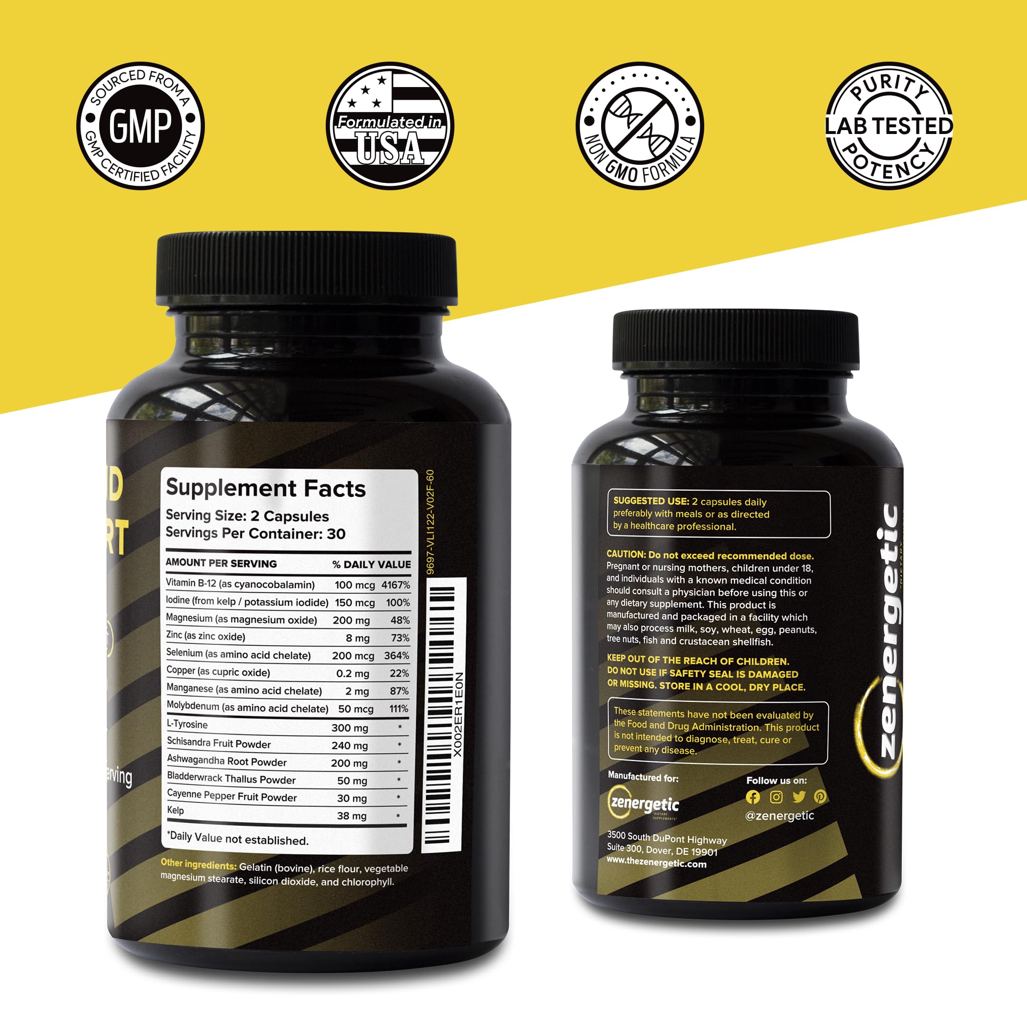 Thyroid Support Supplement with L-Tyrosine & Iodine for Focus, Clarity & Metabolism | Ashwagandha, Vitamin B12, Magnesium & Schisandra | Hormone Balance for Women & Men | Non-GMO | Boost Energy & Mental Performance for Workouts & Daily Life