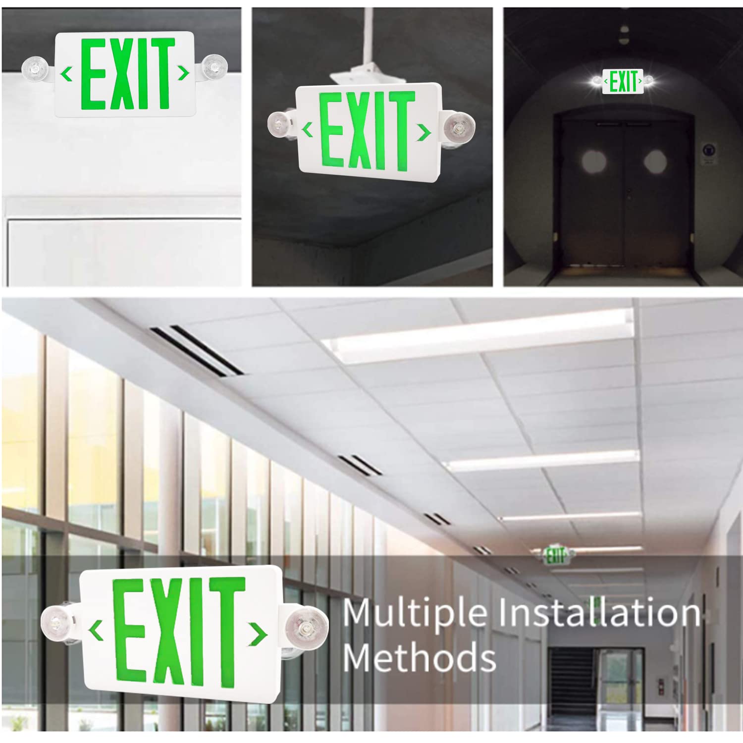 OSTEK 4 Pack UL-Listed Green LED Exit Sign with Emergency Light & Battery Backup - Dual LED Adjustable Head Fire Resistant ABS Emergency Exit Lights for Commercial Buildings, Warehouses, Schools (Green, 4 Pack)