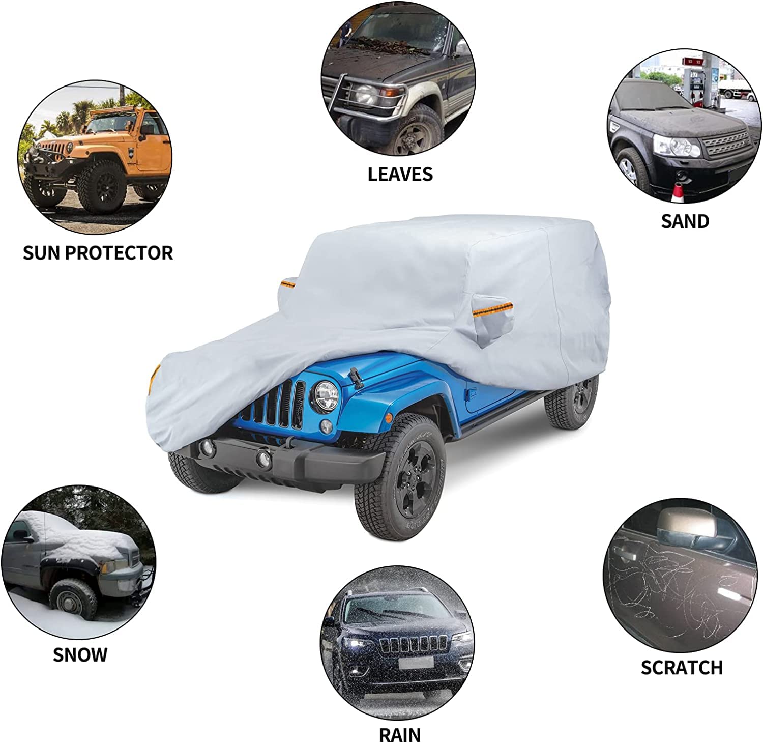 Waterproof Car Cover for 2007-2024 Jeep Wrangler JK - All Weather Protection Outdoor Cover with Driver Door Zipper - Perfect for Rain, Snow, Sun & Dust Protection While Parked