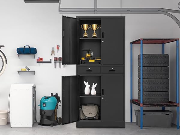 BESFUR Metal Storage Cabinet with Drawers & Adjustable Shelves - Heavy Duty Garage, Office, Classroom Organizer - Black | Perfect for Tool Storage, School Supplies & Home Organization