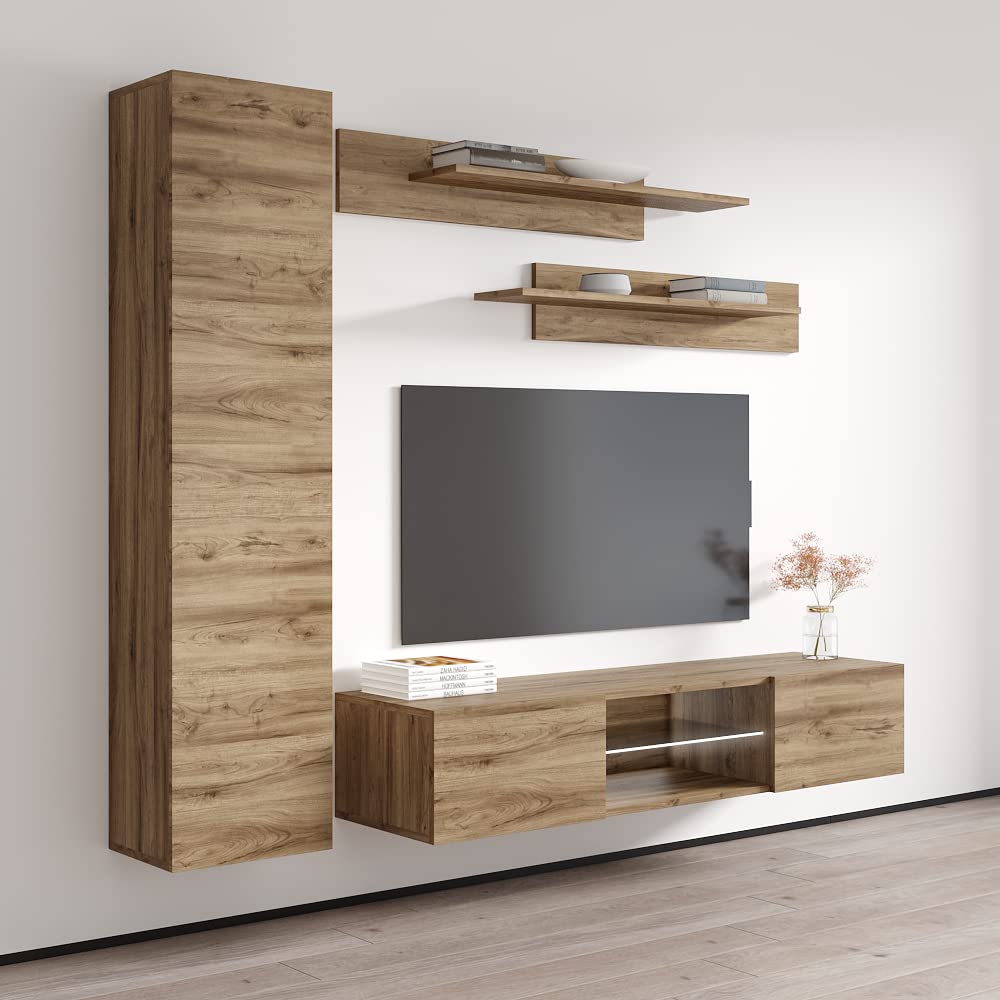 Fly G1 33'' Wall Mount TV Stand - Modern Floating Entertainment Center with Storage Shelves & LED Lights for Bedroom & Living Room - Oak Wood Media Console - Perfect for Small Spaces & Home Theater Setup