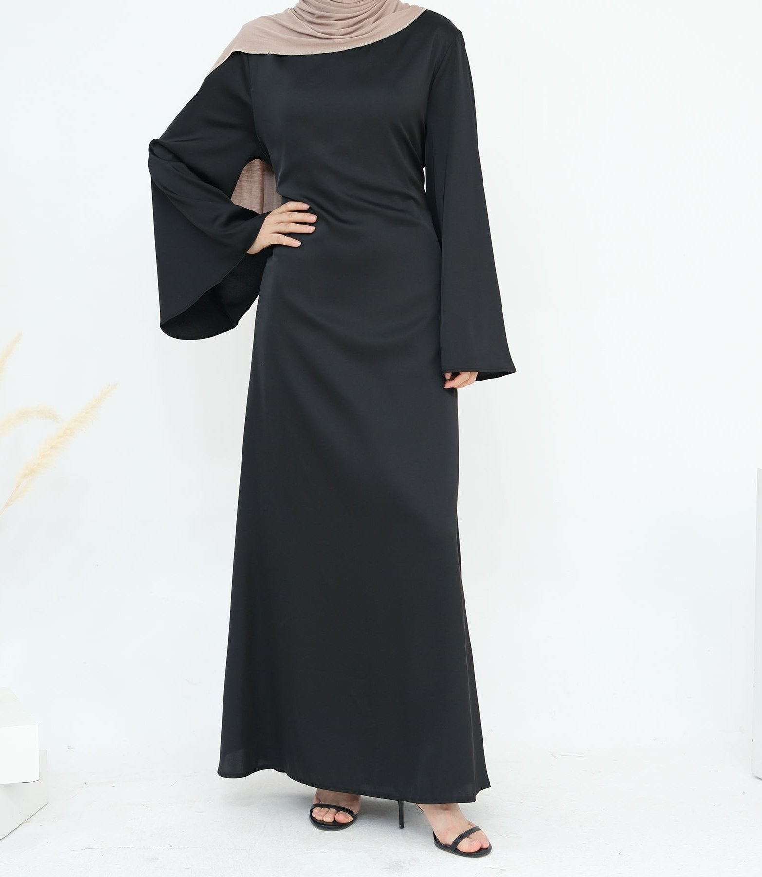 Elegant Calista Trumpet Sleeves Satin Dress in Black - Perfect for Evening Parties, Weddings & Special Occasions