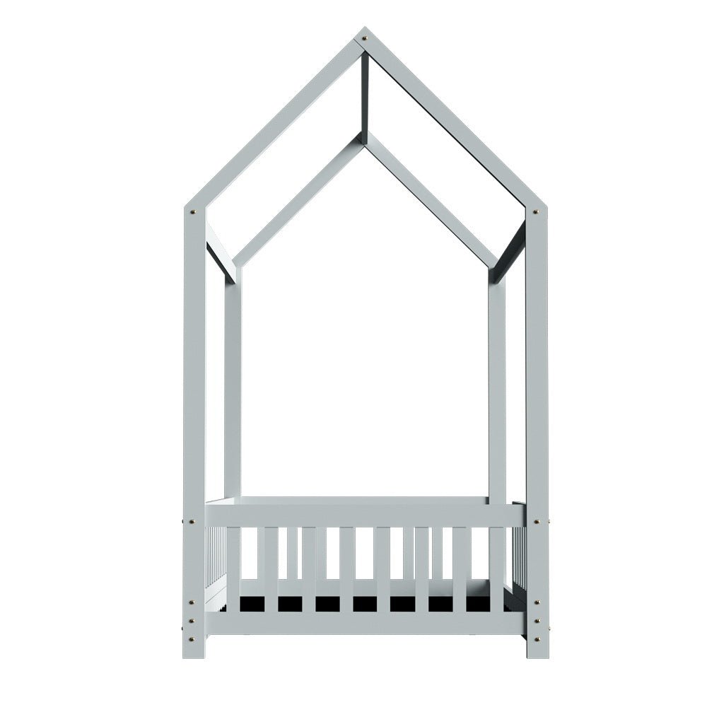 House Style Kids Single Bed Frame - Sturdy Grey Wooden Bed for Children's Room, Toddler Bedroom Furniture, Perfect for Small Spaces and Sleepovers