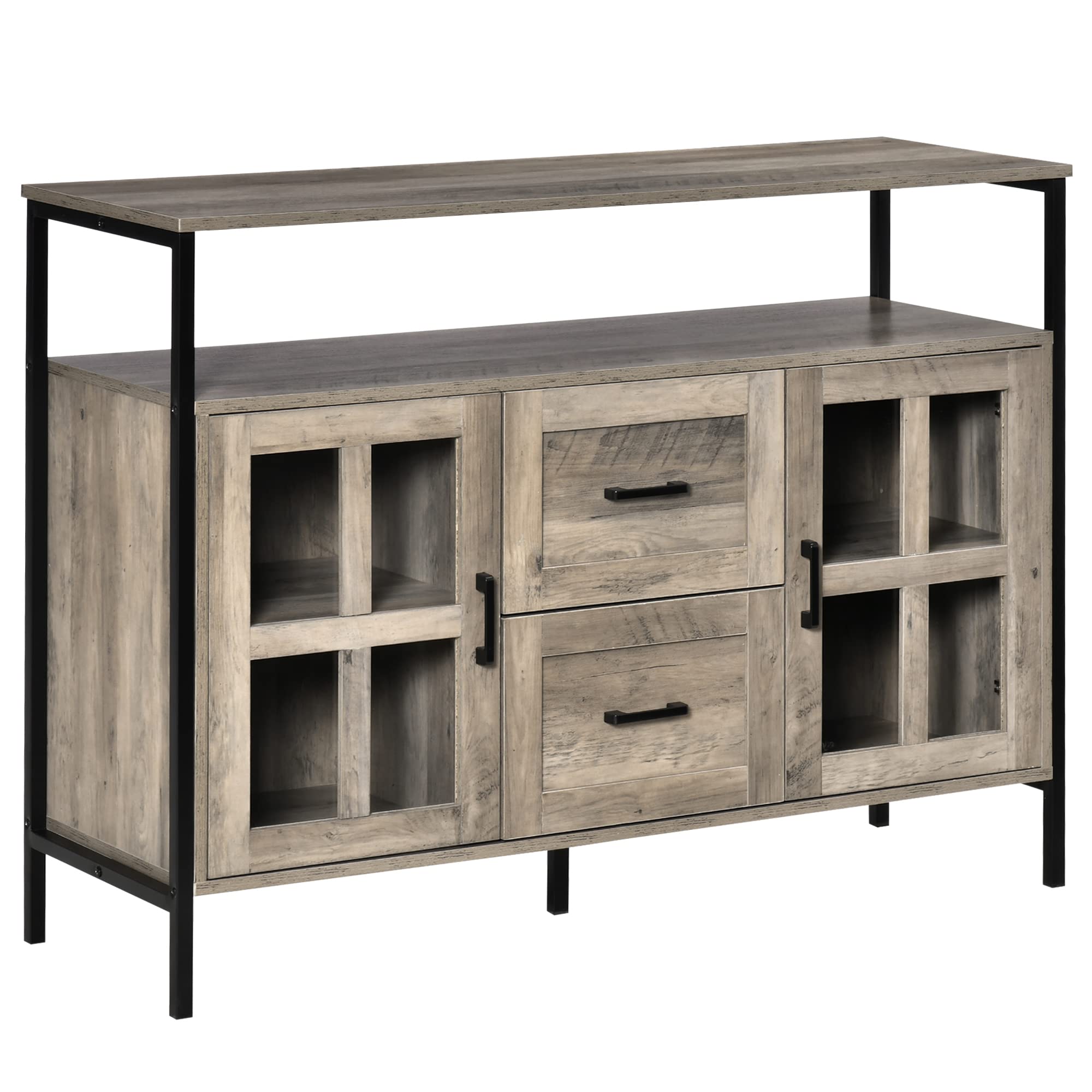 HOMCOM Industrial Sideboard Buffet Cabinet with Adjustable Shelves & Glass Doors - 2-Drawer Storage Cabinet for Kitchen, Living Room, Dining Room | Coffee Bar, Home Organization, Gray Furniture for Modern Interiors