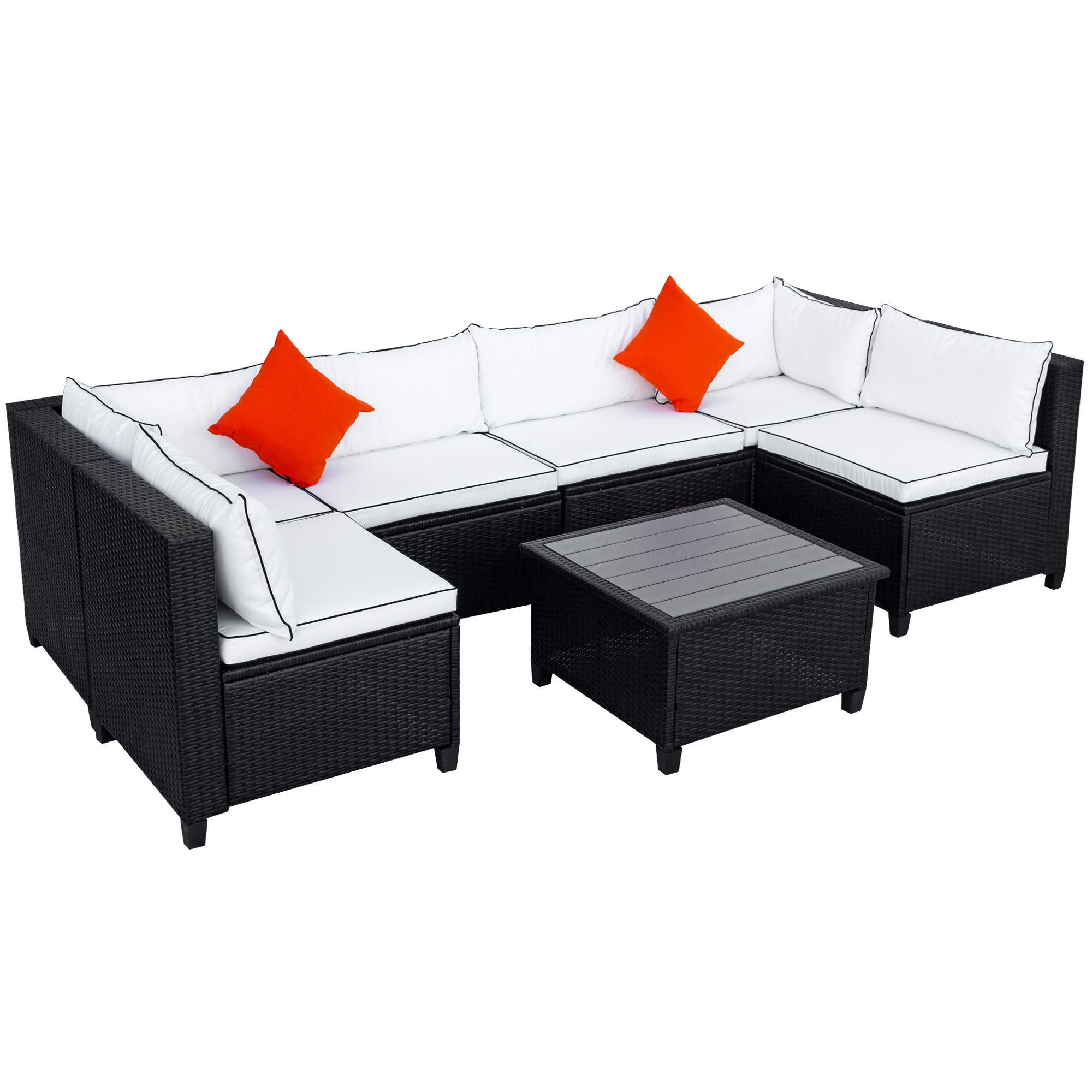 7-Piece Beige Wicker Patio Dining Set with Glass Top Table & 6 Chairs - Outdoor Furniture for Garden, Poolside & Backyard Entertaining