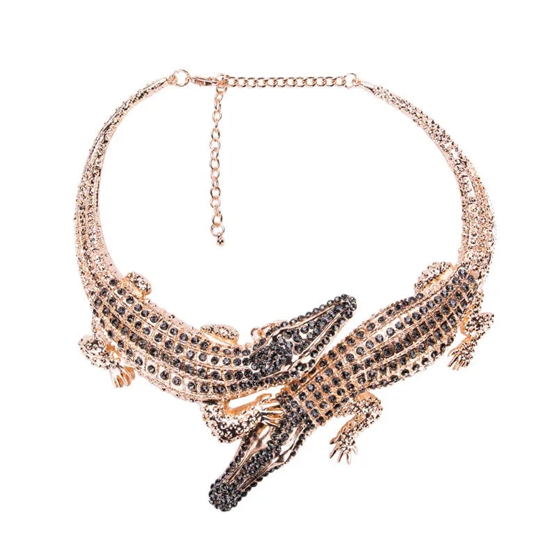 Exaggerated Punk Crystal Crocodile Necklace for Women - Trendy Statement Collar Jewelry with Full Rhinestones - Perfect for Gothic Fashion, Night Out, and Punk Style Accessories