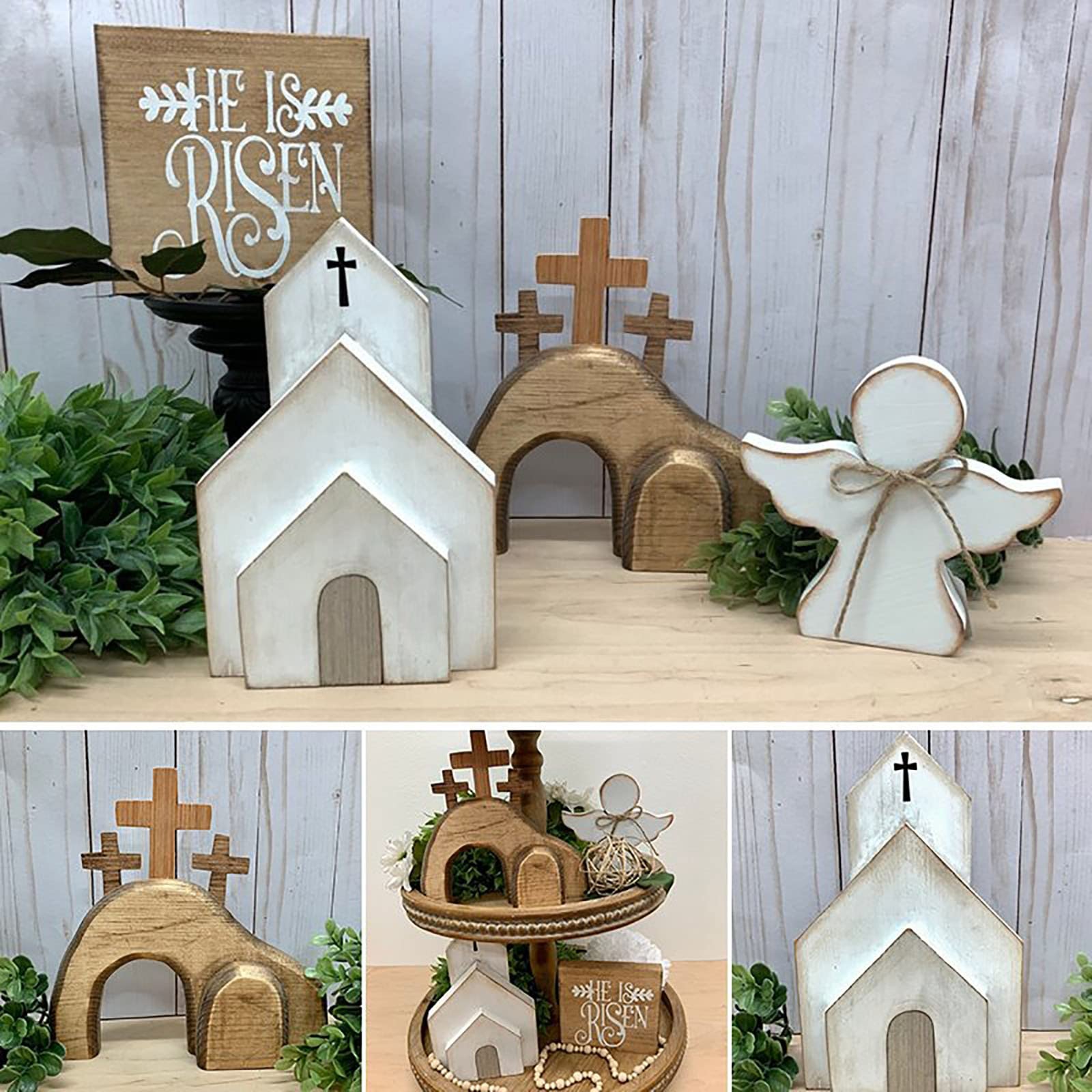 ZZMMXK Jesus Tomb Easter Tray Decor Set - He is Risen Wooden Sign & Farmhouse Rustic Tiered Tray Decorations for Easter Home Table Display (1 Piece) - Perfect for Easter Celebrations, Church Events, and Spring Home Decor