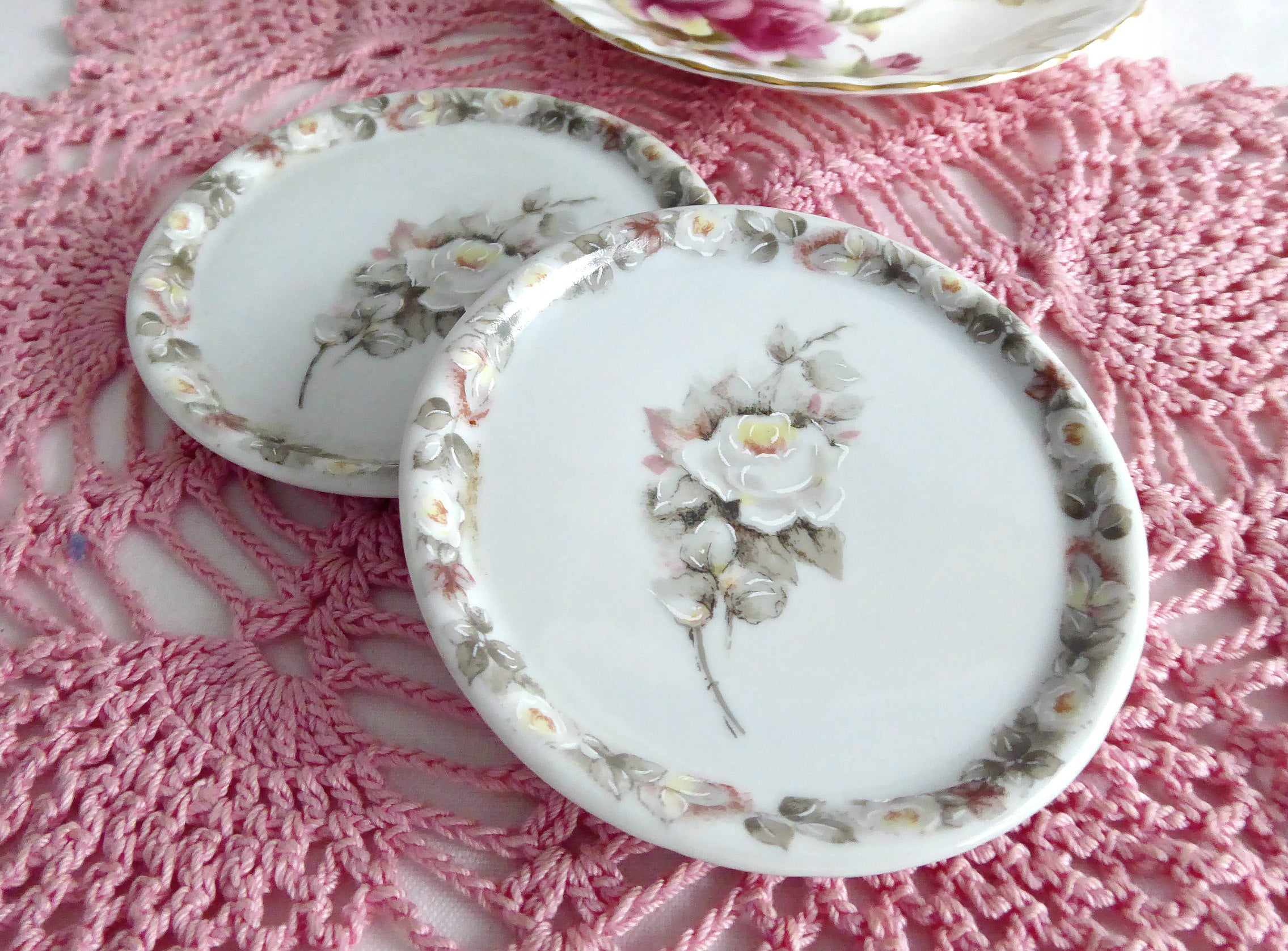 Hand Painted Rose Butter Pats Pair & Teabag Caddy - Porcelain from Brazil - Perfect for Afternoon Tea, Breakfast, and Vintage Kitchen Decor
