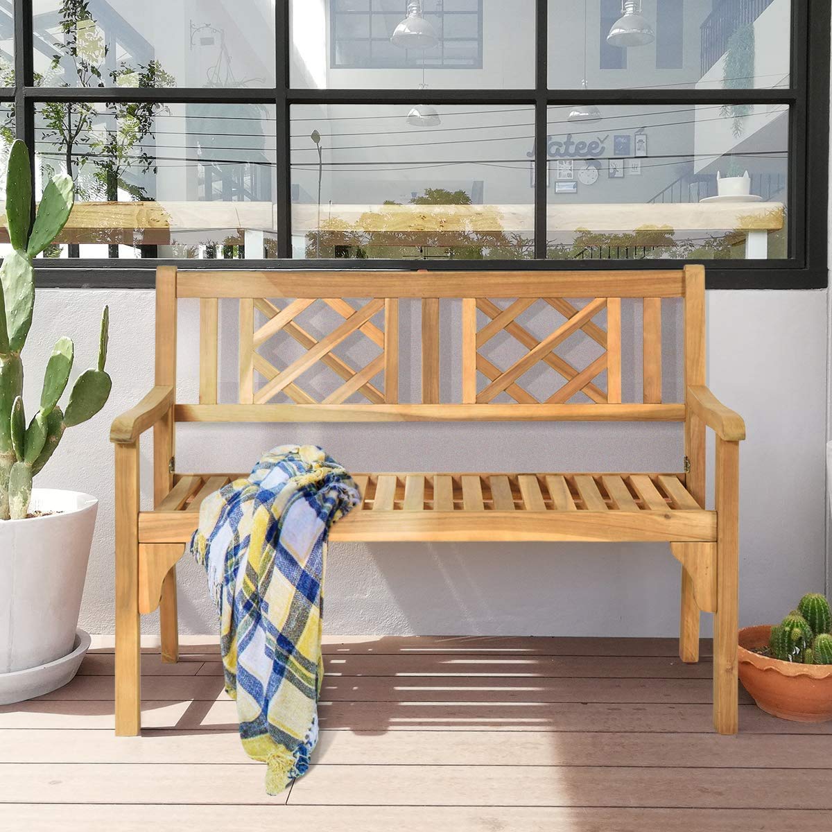 LDAILY 4 Ft Outdoor Patio Foldable Bench - Solid Acacia Wood Two-Person Garden Bench with Curved Backrest & Armrests | Perfect for Balcony, Porch, Park & Backyard Relaxation