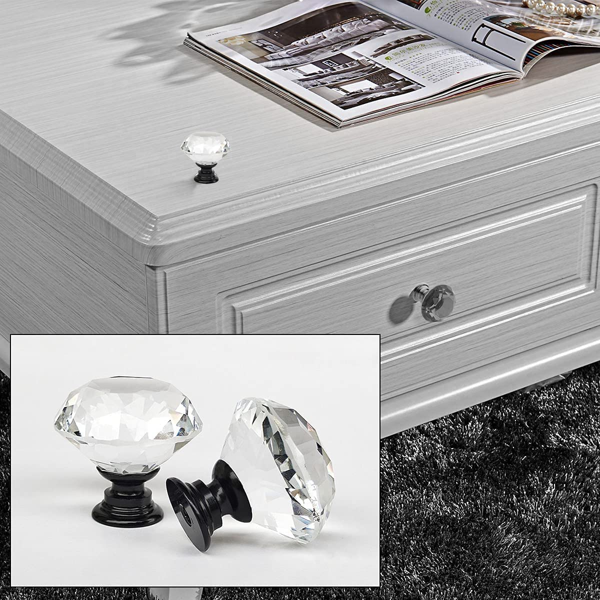 6 Pcs Crystal Glass Cabinet Knobs - Diamond Shape Drawer Pulls for Kitchen Wardrobe (30mm, Clear-Black)