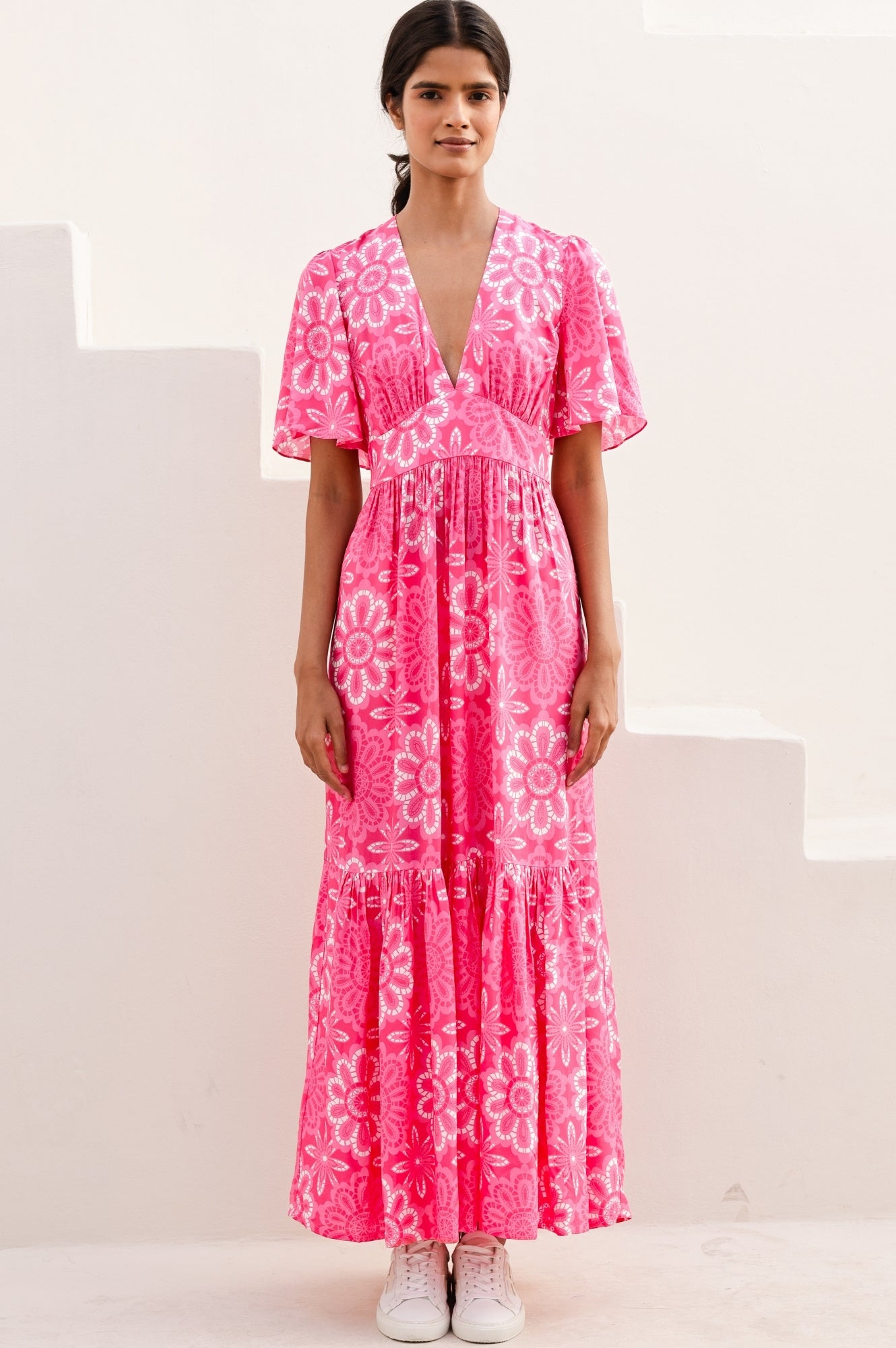Sylvie EcoVero™ Floral Lace Dress in Pink & White | Sustainable Viscose Maxi Dress for Women | Perfect for Weddings, Garden Parties & Summer Vacations