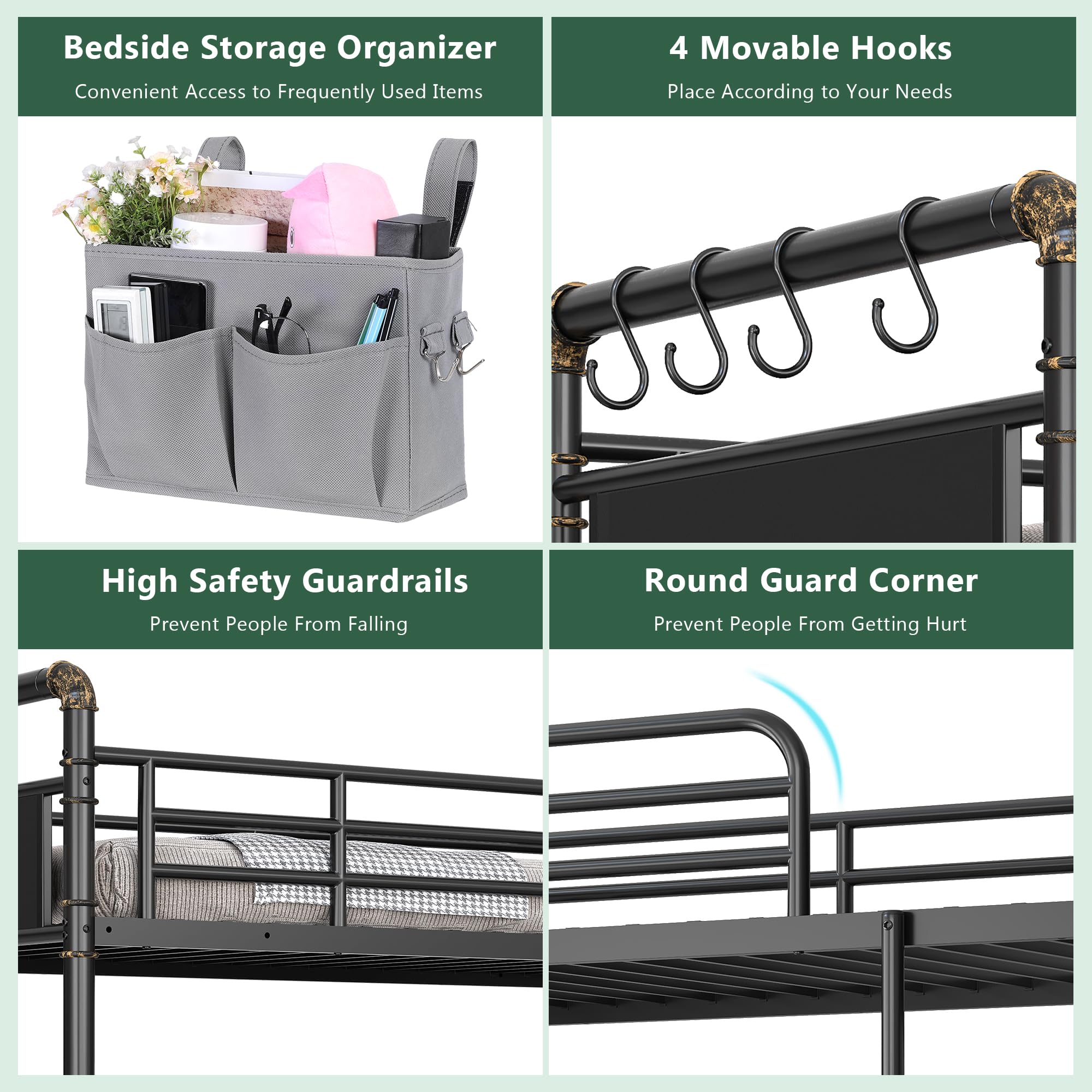 Industrial Metal Bunk Bed Twin Over Twin - Heavy Duty Steel Bunkbeds with Safety Guard Rails | Space-Saving Design for Small Bedrooms, Dorms & Kids Rooms | Black Leather Finish