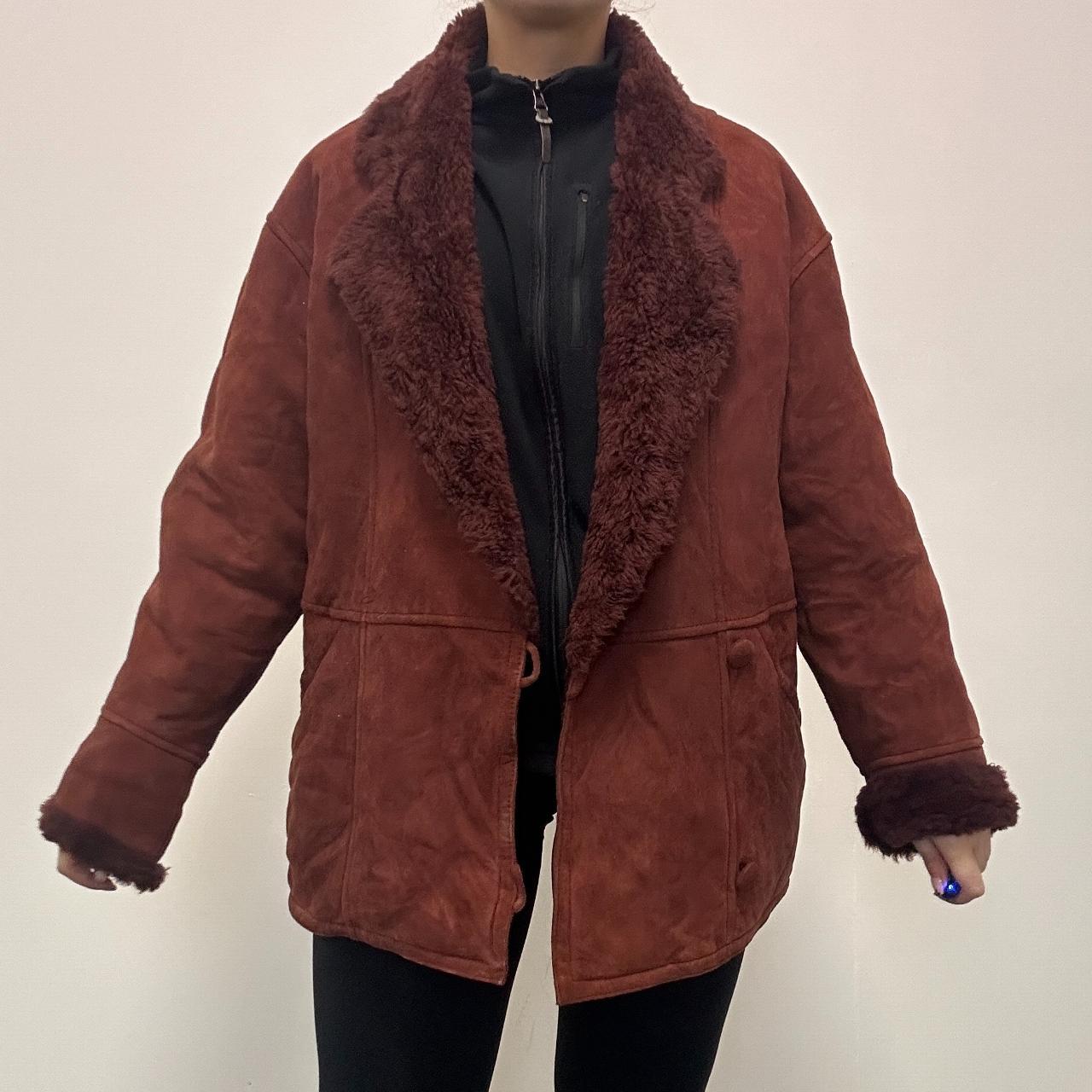 Anne Klein Women's Red Shearling Suede Sheepskin Coat - Size UK 12 | Winter Warm Long Coat for Women | Perfect for Cold Weather, Outdoor Activities & Fashion Styling