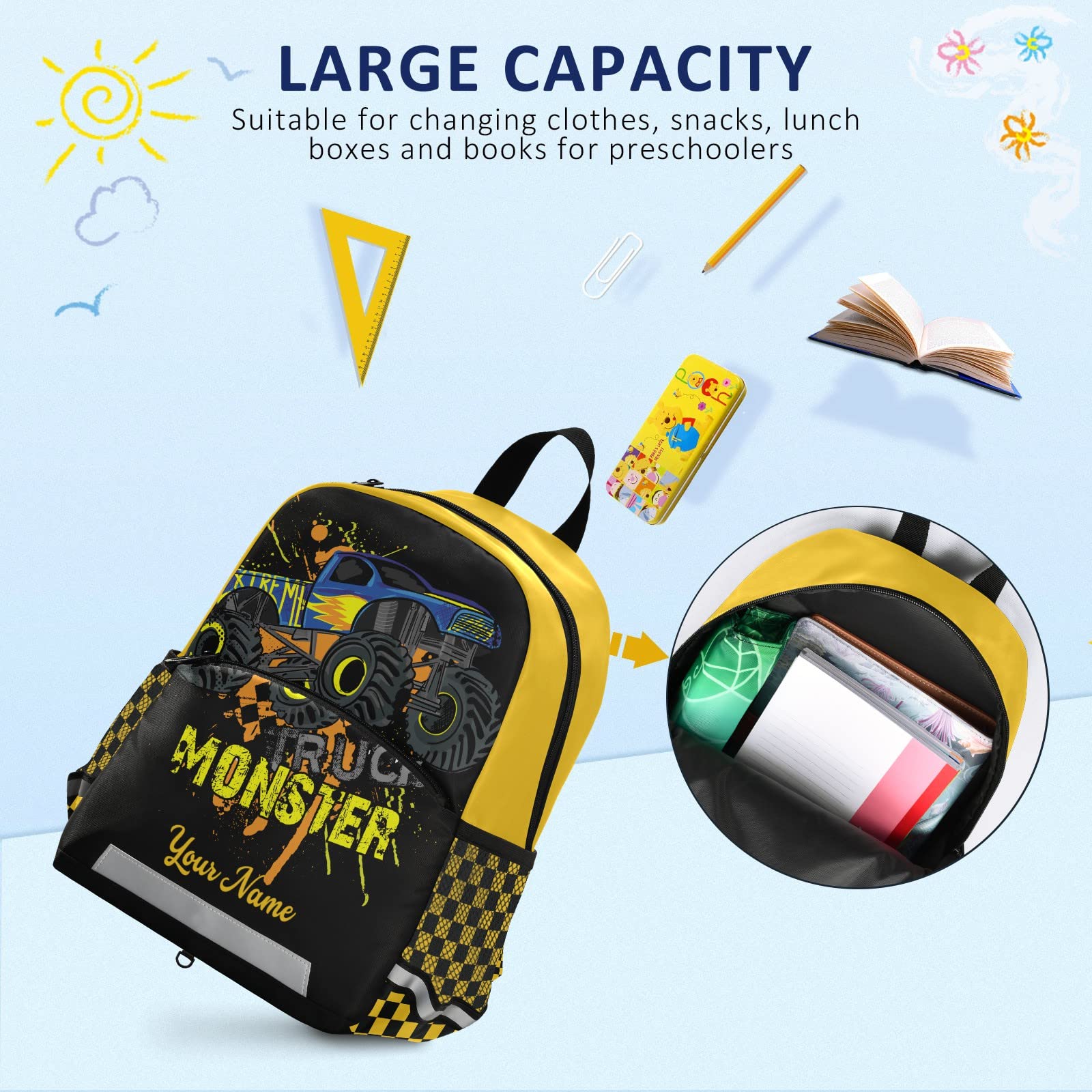 Personalized Monster Truck Backpack for Boys - 13 Inch Durable Kids School Backpack for Toddlers | Perfect for School, Travel & Outdoor Adventures