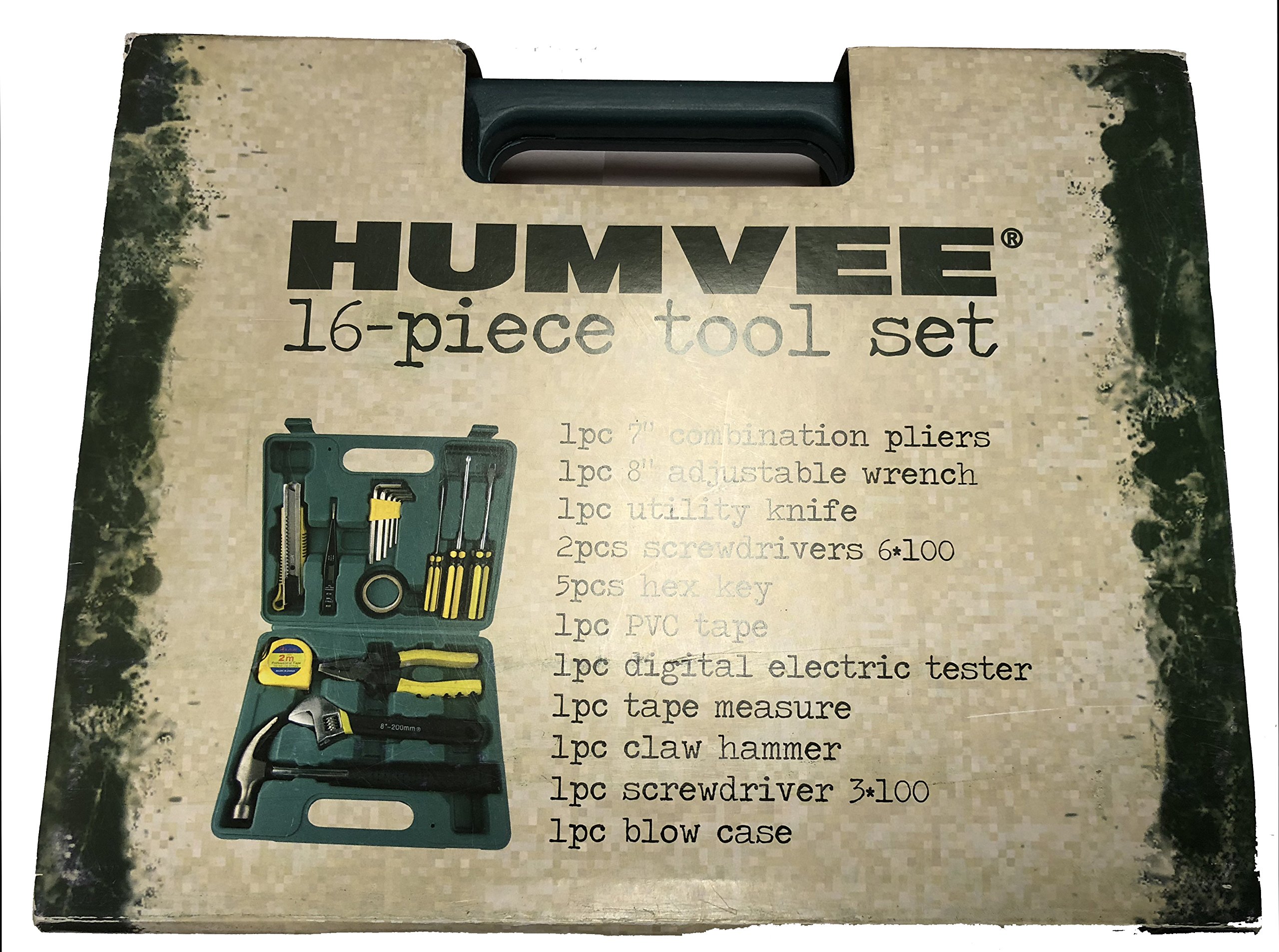 16-Piece Humvee General Household Tool Kit for Home Repair & Maintenance - Durable Toolbox Storage Case - Perfect for DIY Projects, Plumbing, and Electrical Fixes