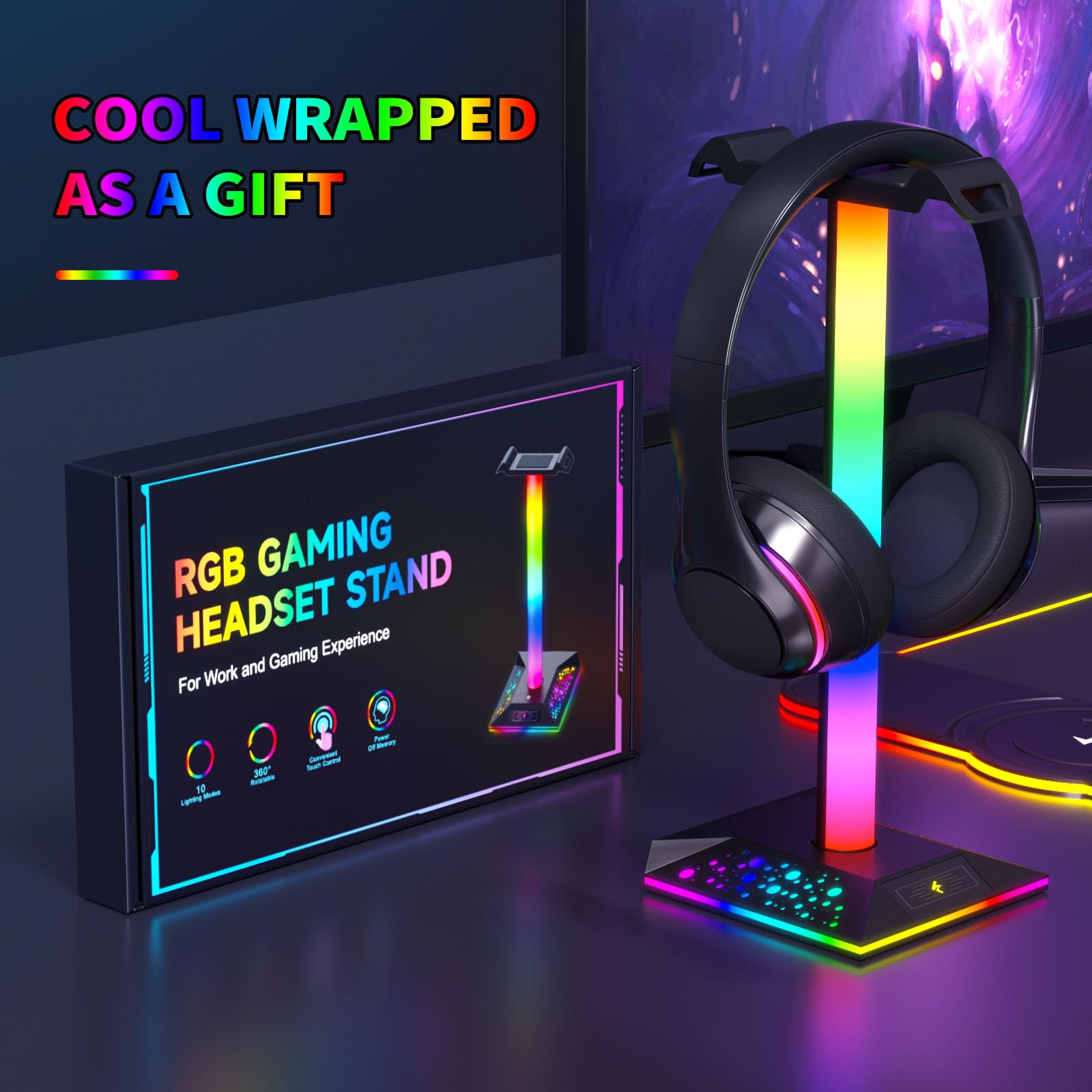HCMan RGB LED Gaming Headset Stand with 2 USB Chargers - Premium Headphone Holder for PC Desk Accessories | Perfect for Gamers, Streamers & Home Office Setup