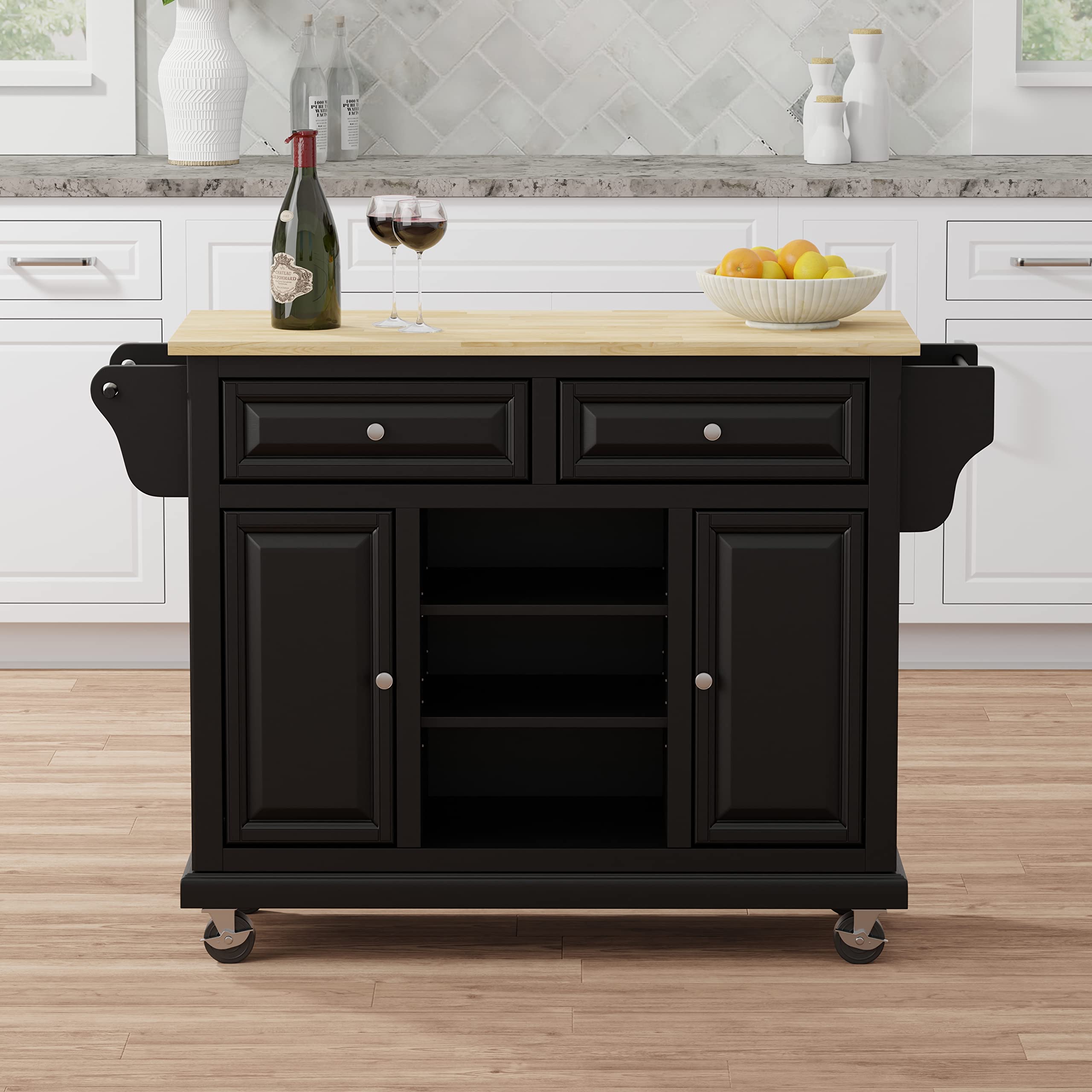 Glenwillow Home Kitchen Cart in Antique Black with Wood Top - Rolling Island Cart with Storage Shelf for Small Spaces, Perfect for Kitchen, Dining Room or Office Organization