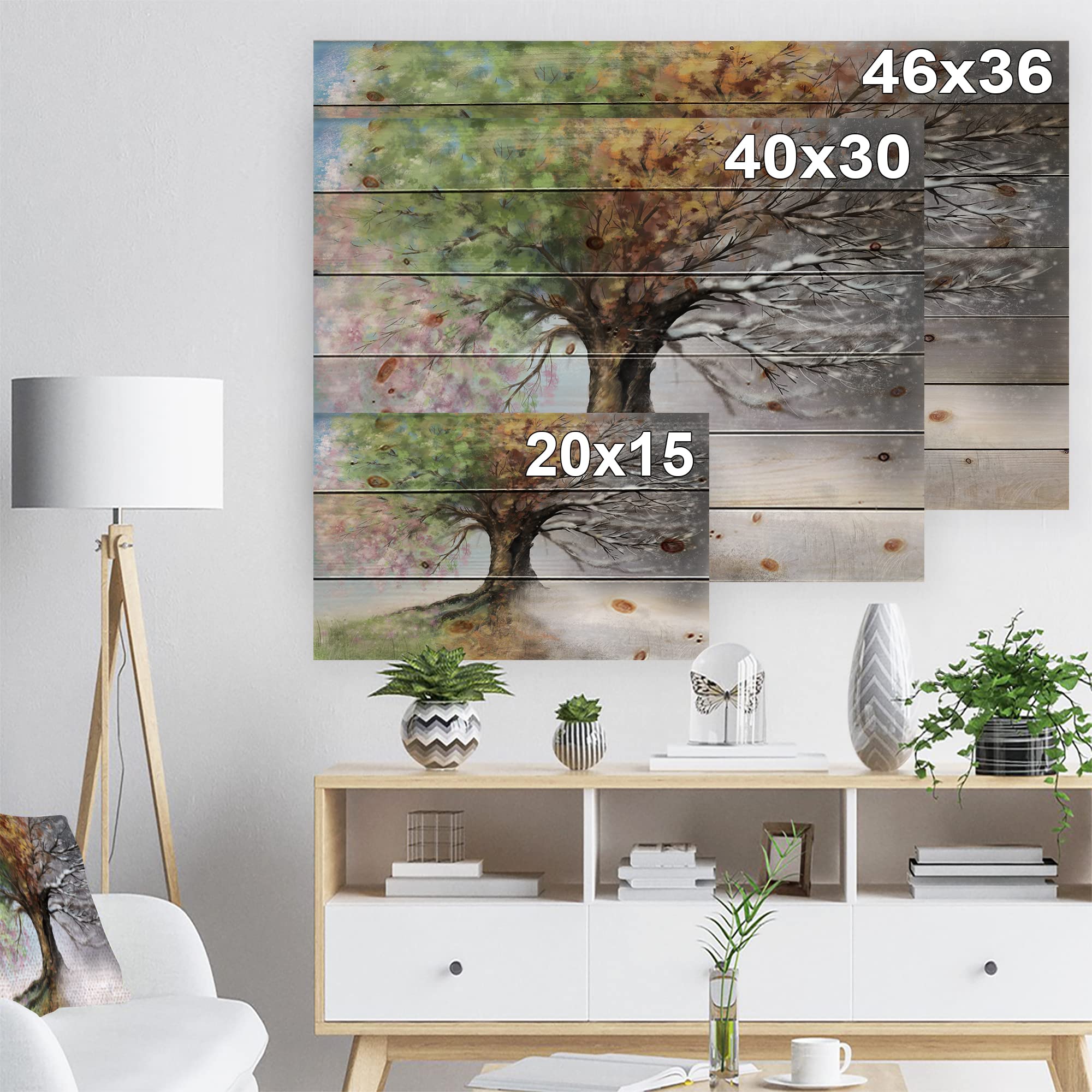 Four Seasons Tree Traditional Wood Wall Decor - Large Landscape Pine Wood Art Panel for Home & Office Decoration | Perfect for Living Room, Bedroom, and Office Spaces