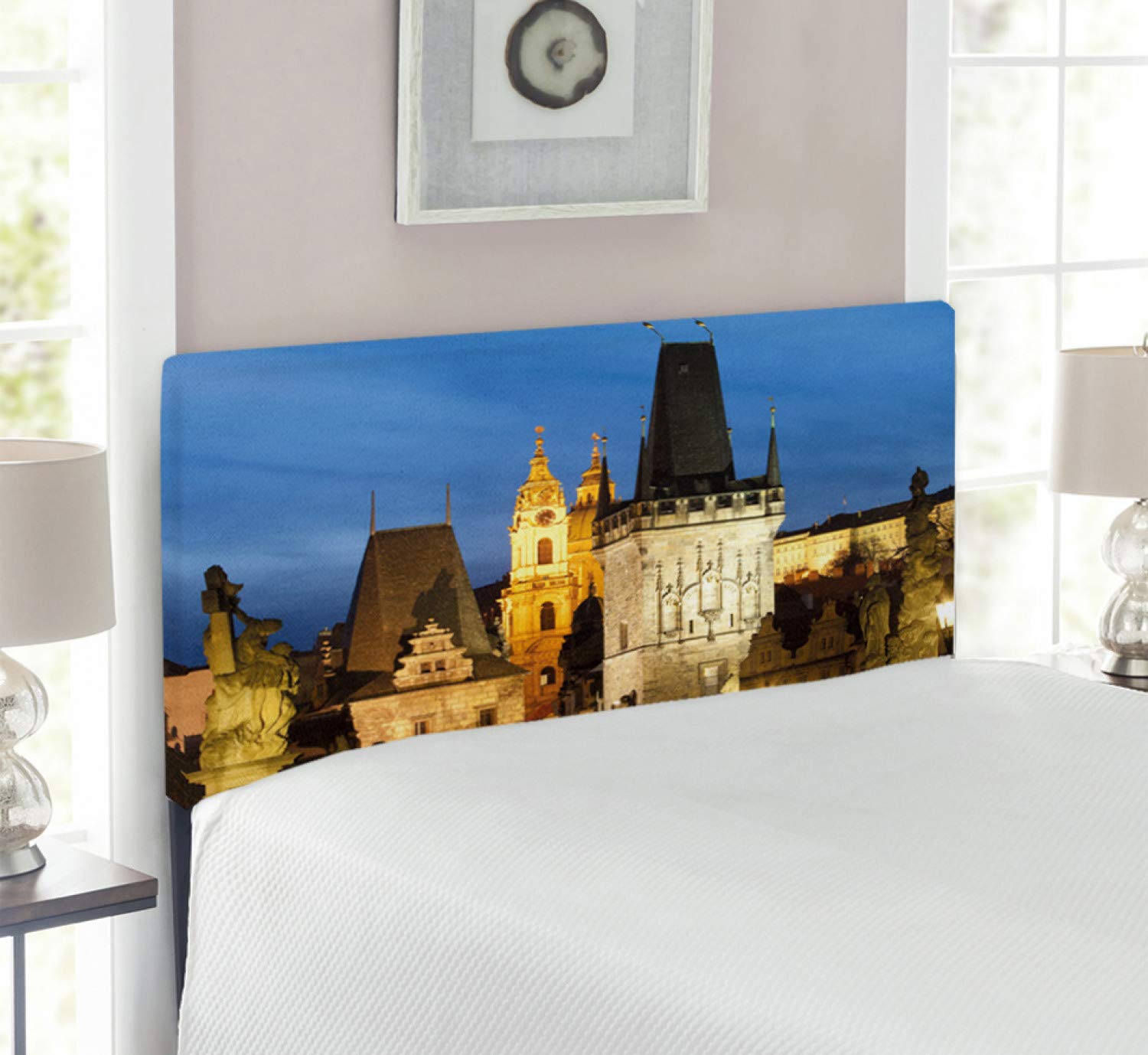 Ambesonne European Headboard - Charles Bridge Tower Dusk Prague Architecture Scene - Upholstered Decorative Metal Bed Headboard with Memory Foam - Twin Size Multicolor - Perfect for Bohemian & Vintage Bedroom Decor