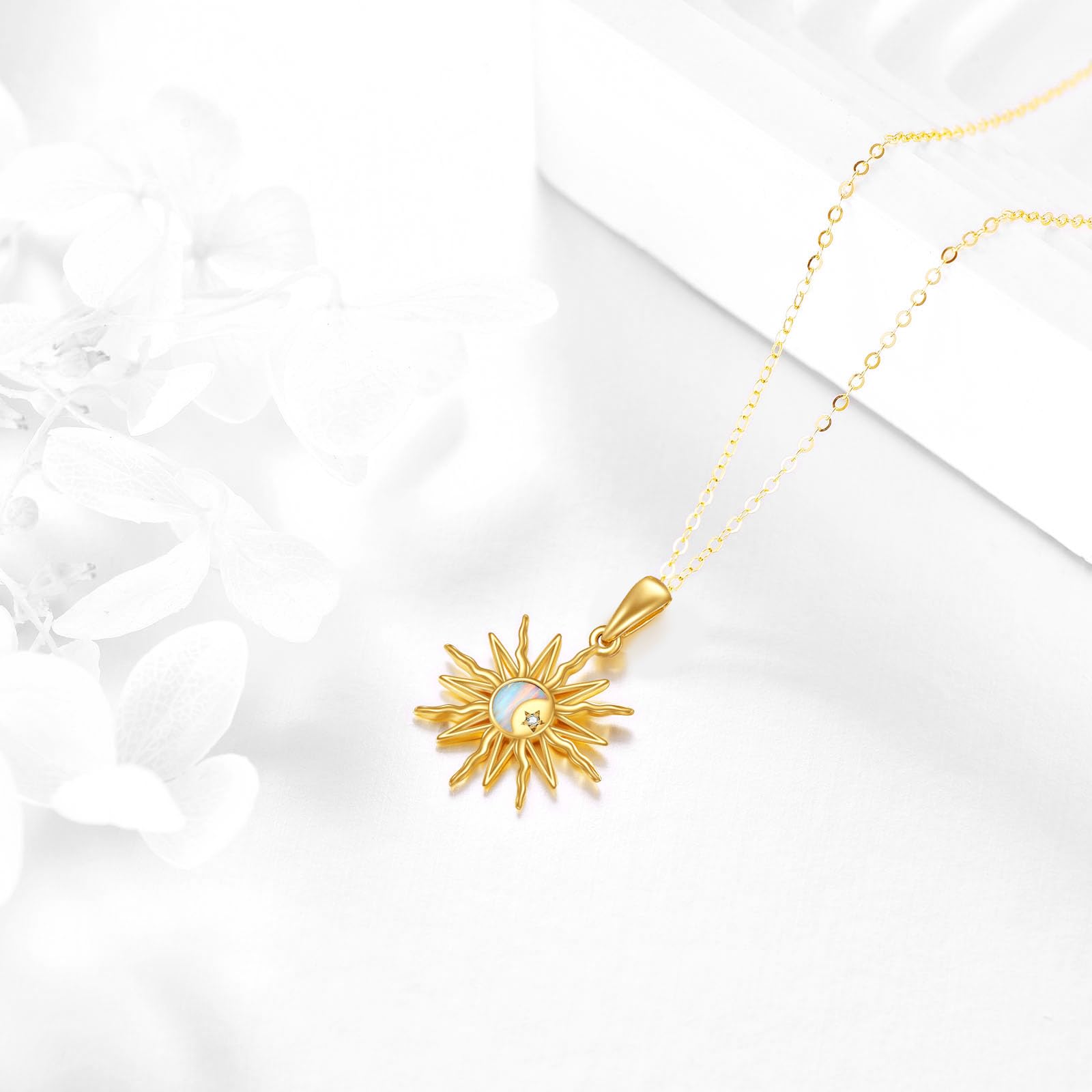 14K Gold Sun Necklace with Opal or Moonstone - Elegant Sunburst Pendant Jewelry for Women | Perfect Gift for Birthday, Anniversary & Everyday Wear
