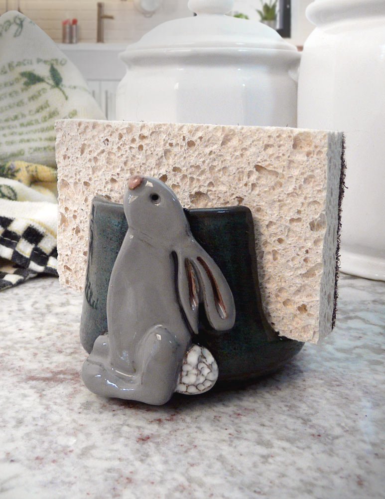 American Handmade Stoneware Sponge Holder with Bunny Motif - Perfect for Kitchen, Bathroom, or Farmhouse Decor