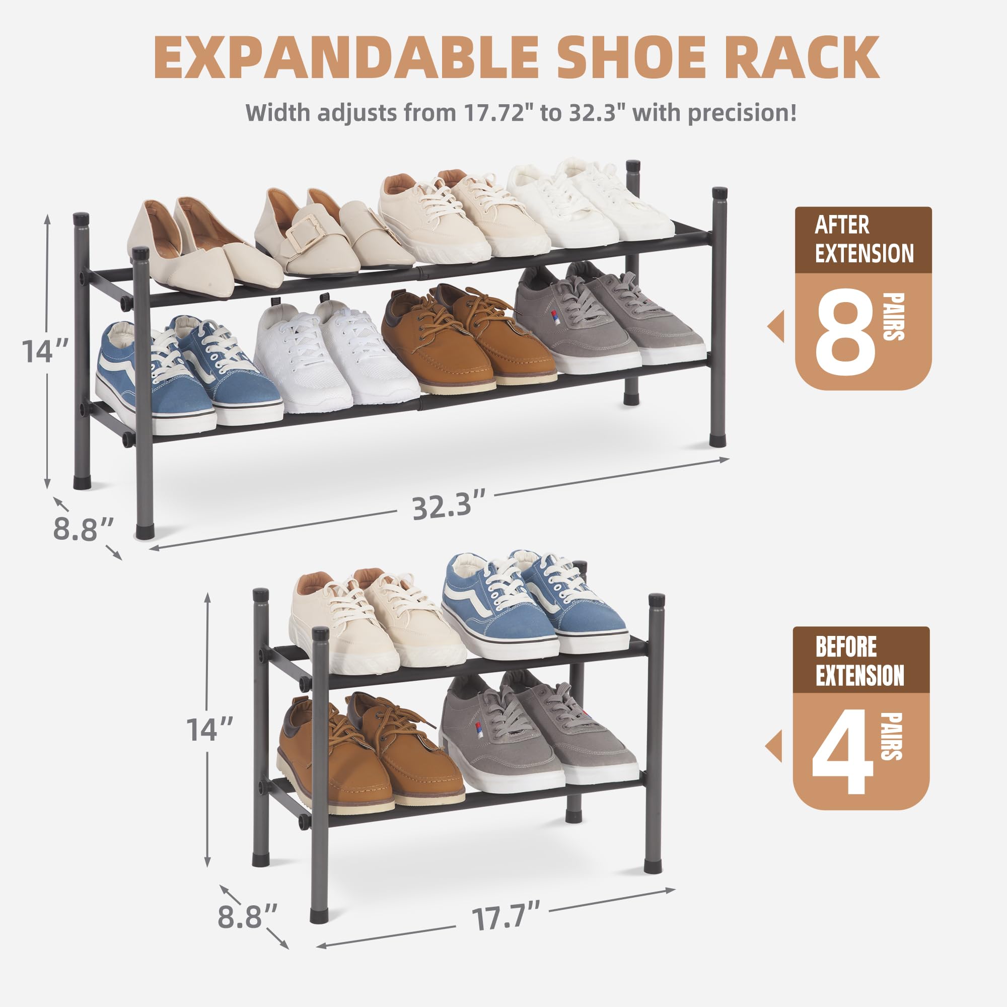 Expandable Shoe Rack Organizer - Stackable 2-Tier Metal Storage for Closet & Entryway