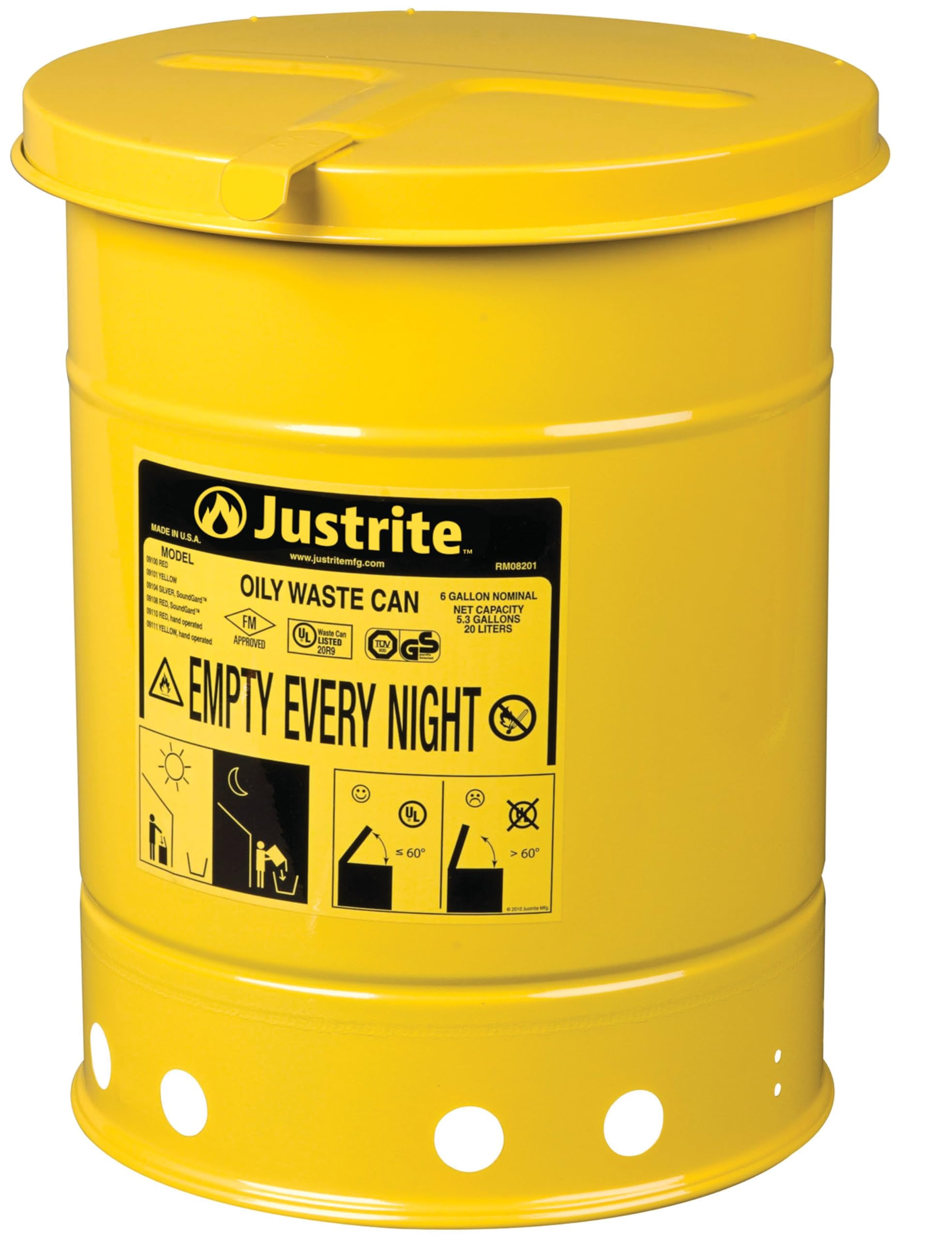 Justrite 6 Gallon Galvanized Steel Oily Waste Can with Self-Closing Lid - 16