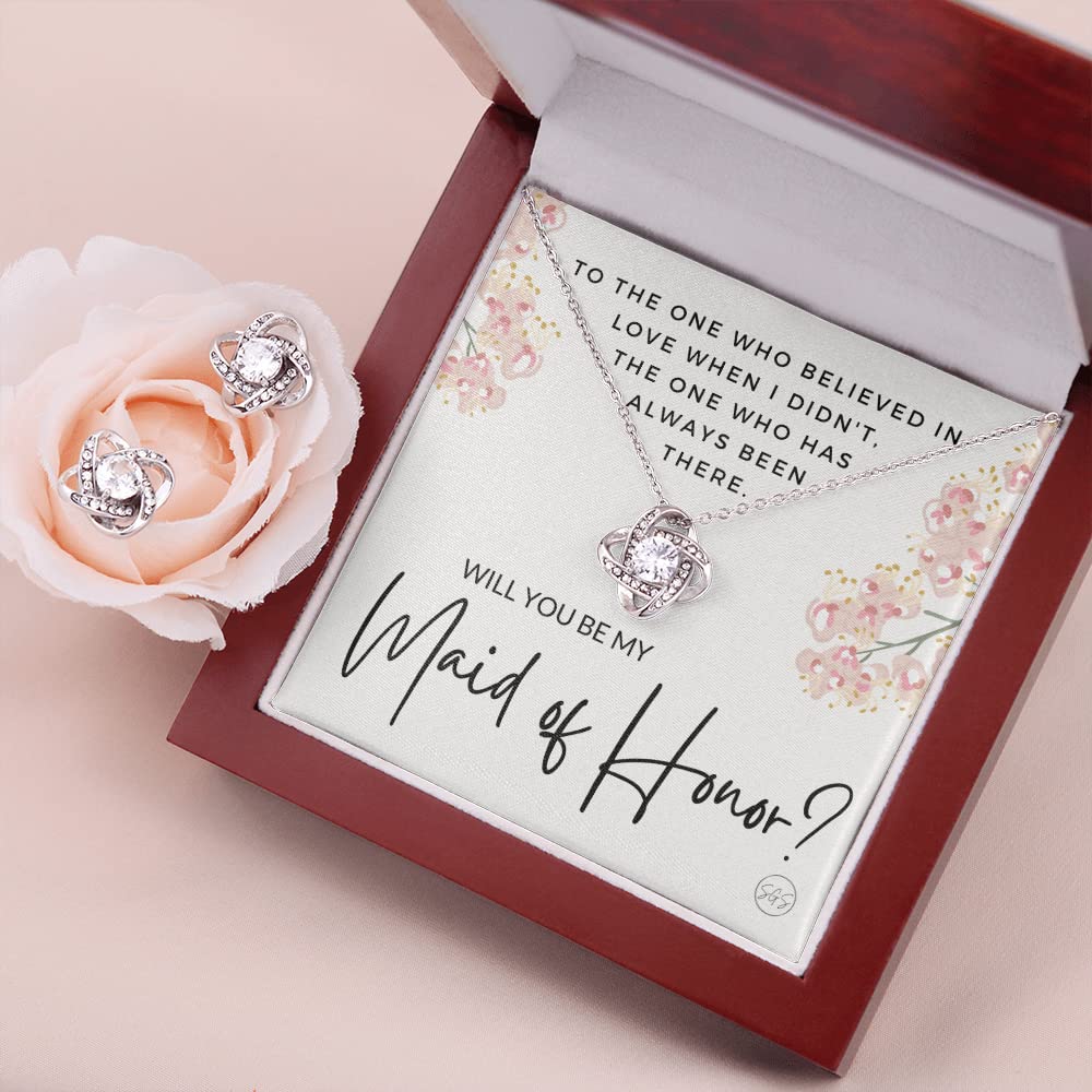 Elegant Maid of Honor Proposal Jewelry Set - Sterling Silver Earrings & Necklace Gift for Bridesmaid | 'Will You Be My MOH?' Bridal Proposal Present | Perfect for Wedding Party, Bachelorette & Bridal Shower