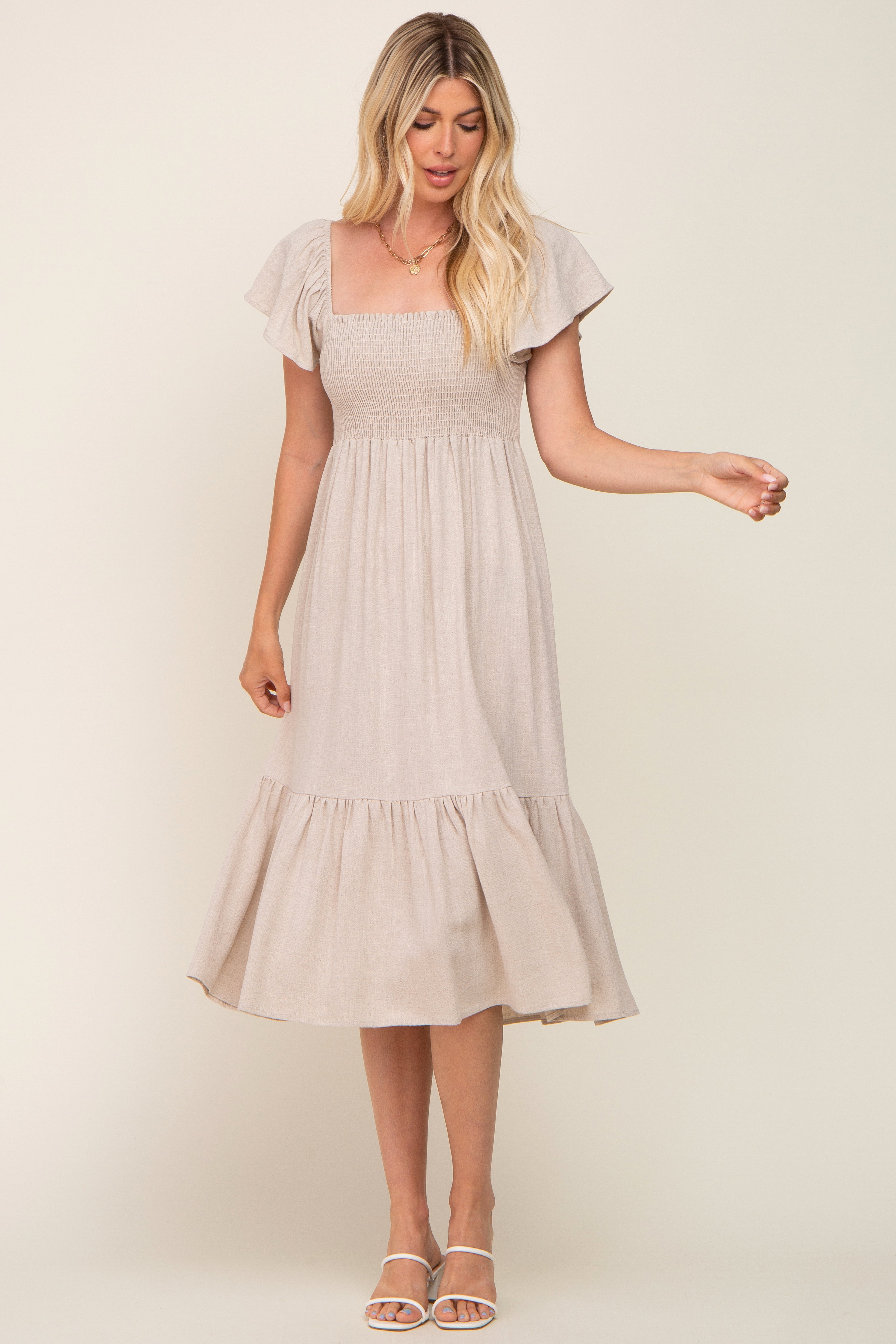Beige Smocked Ruffle Hem Midi Dress for Women - Elegant Summer Casual Dress with Flowy Ruffles | Perfect for Beach Vacations, Date Nights & Brunch Outings