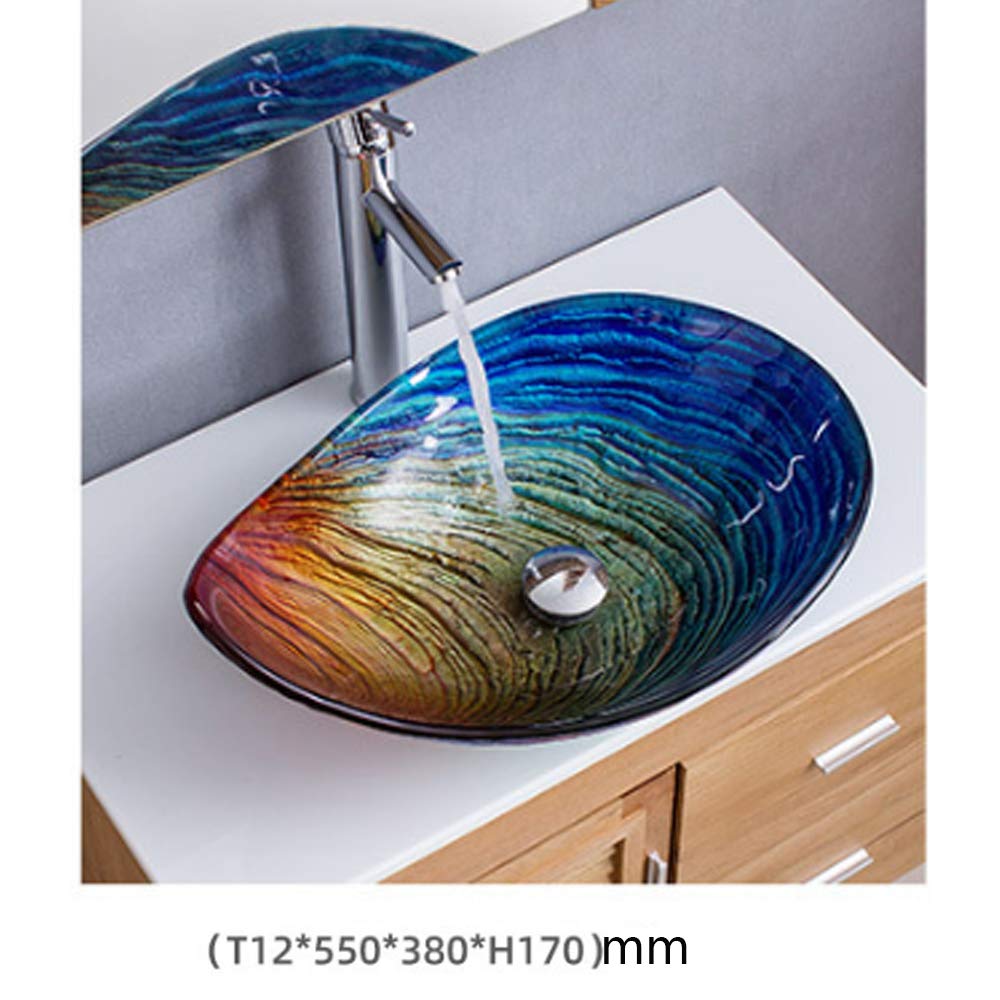Rainbow Tempered Glass Vessel Sink - Water Drop Shape Artistic Bathroom Vanity Bowl with Pop-Up Drain & Mounting Ring - Single Sink for Modern Bathroom & Powder Room Decor